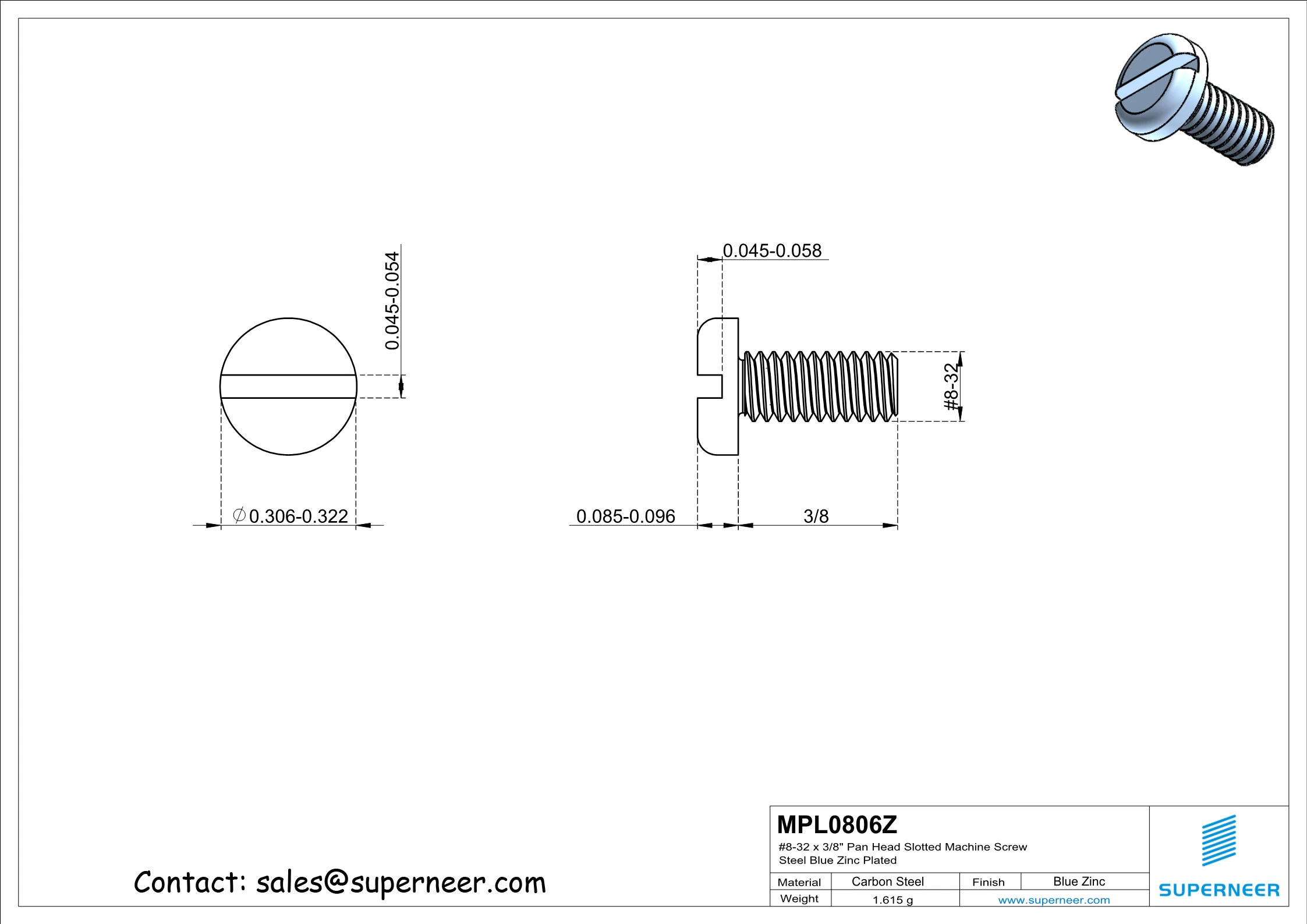 8-32 x 3/8" Pan Head Slotted Machine Screw Steel Blue Zinc Plated