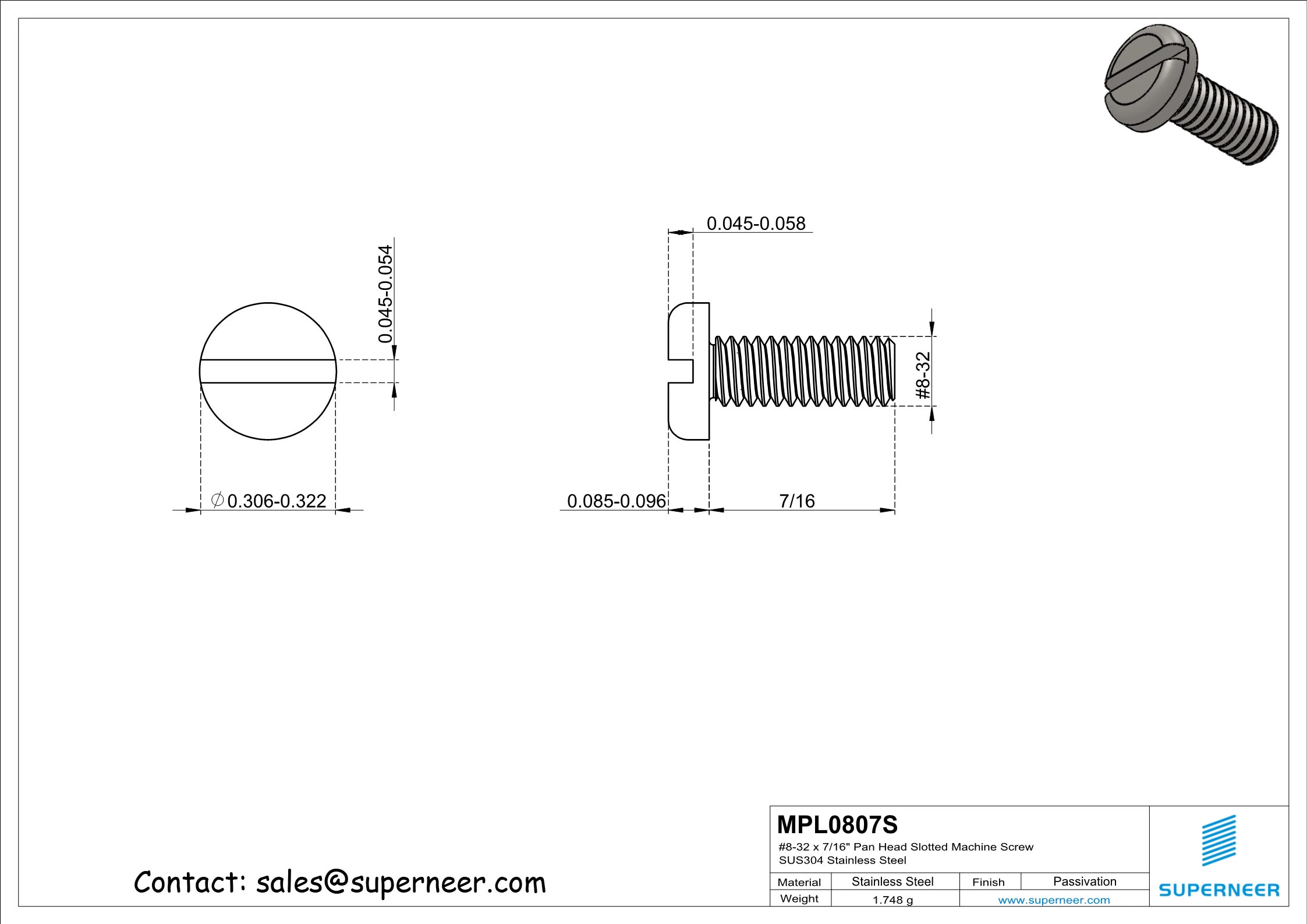 8-32 x 7/16" Pan Head Slotted Machine Screw SUS304 Stainless Steel Inox