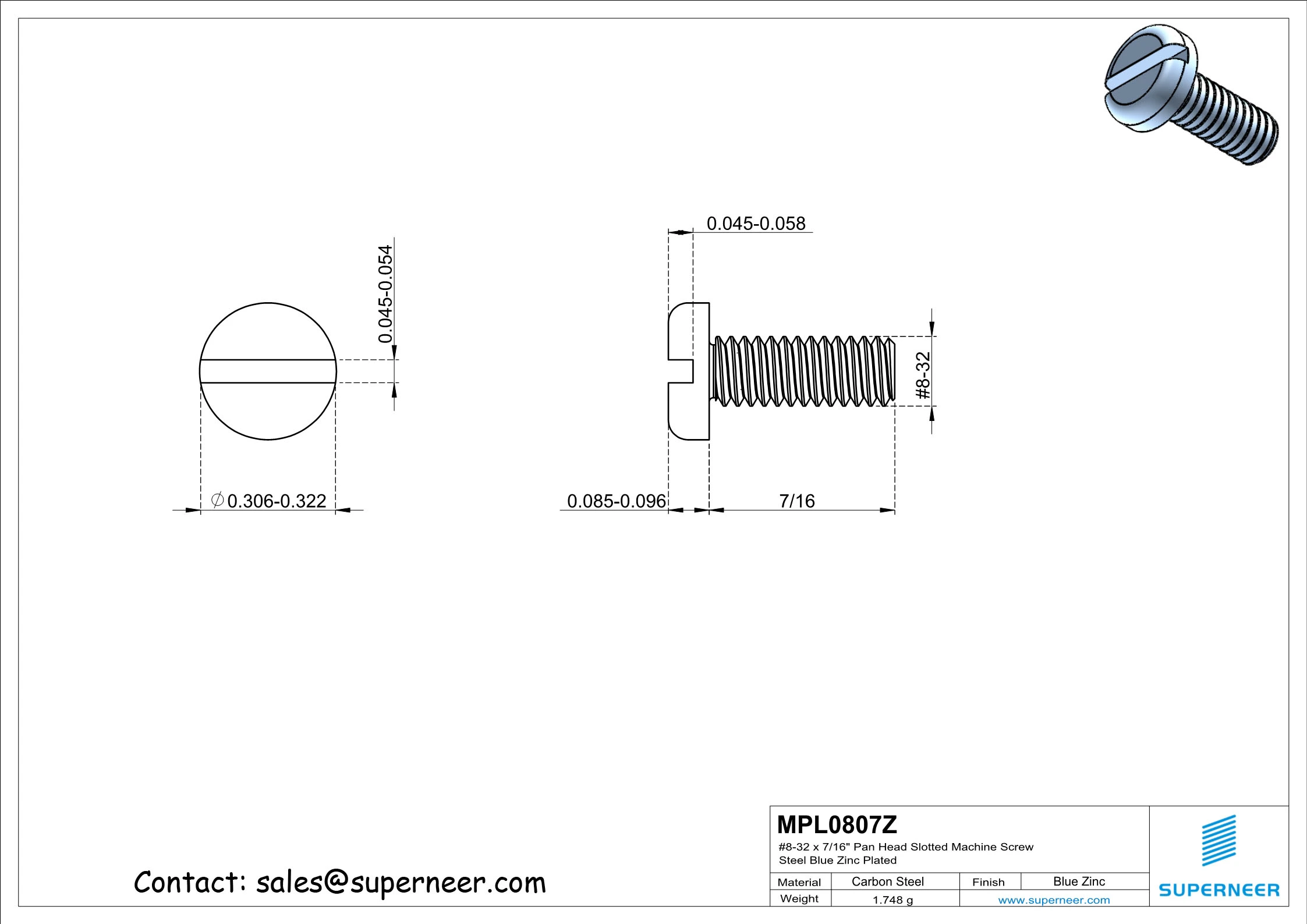 8-32 x 7/16" Pan Head Slotted Machine Screw Steel Blue Zinc Plated