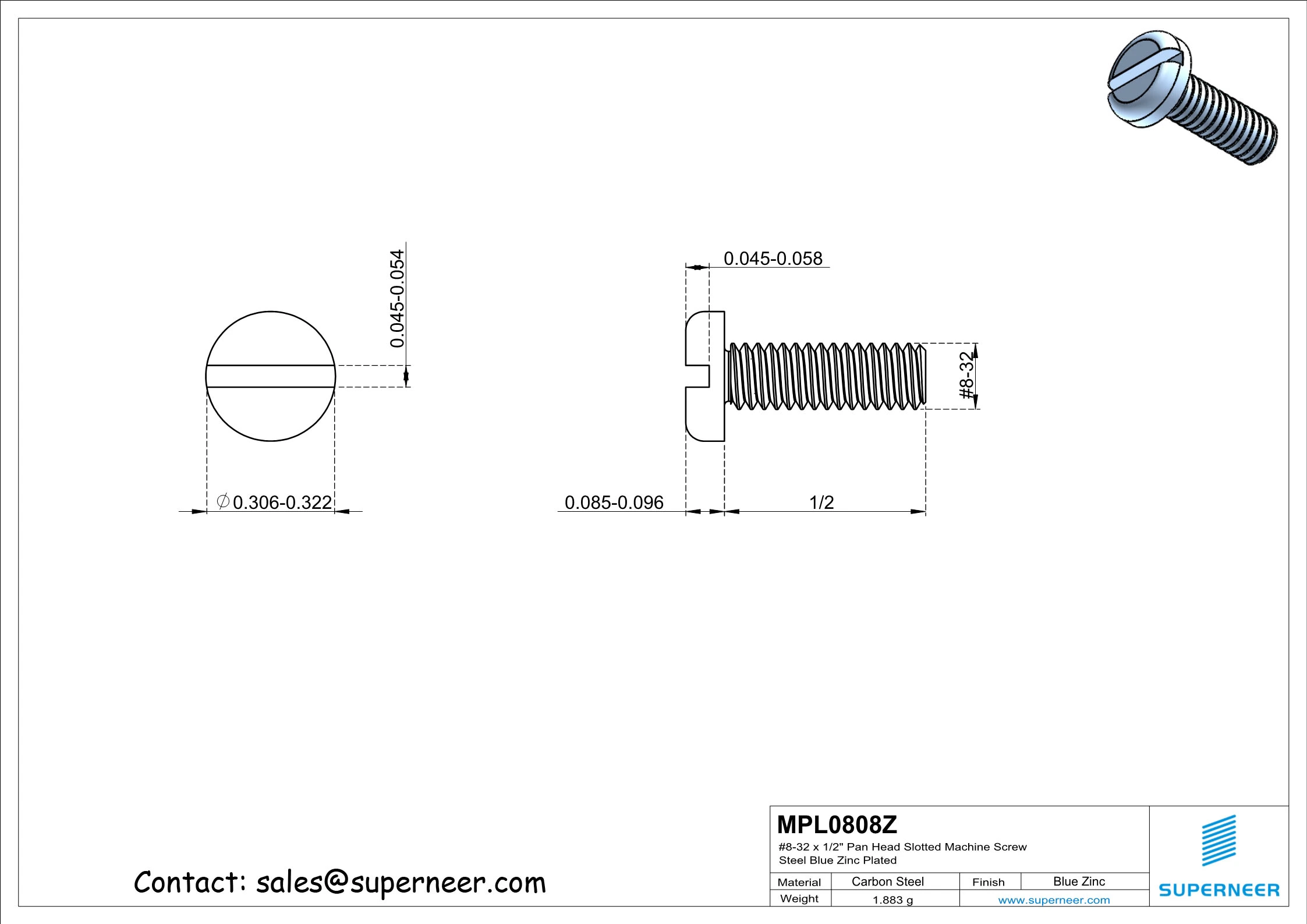 8-32 x 1/2" Pan Head Slotted Machine Screw Steel Blue Zinc Plated