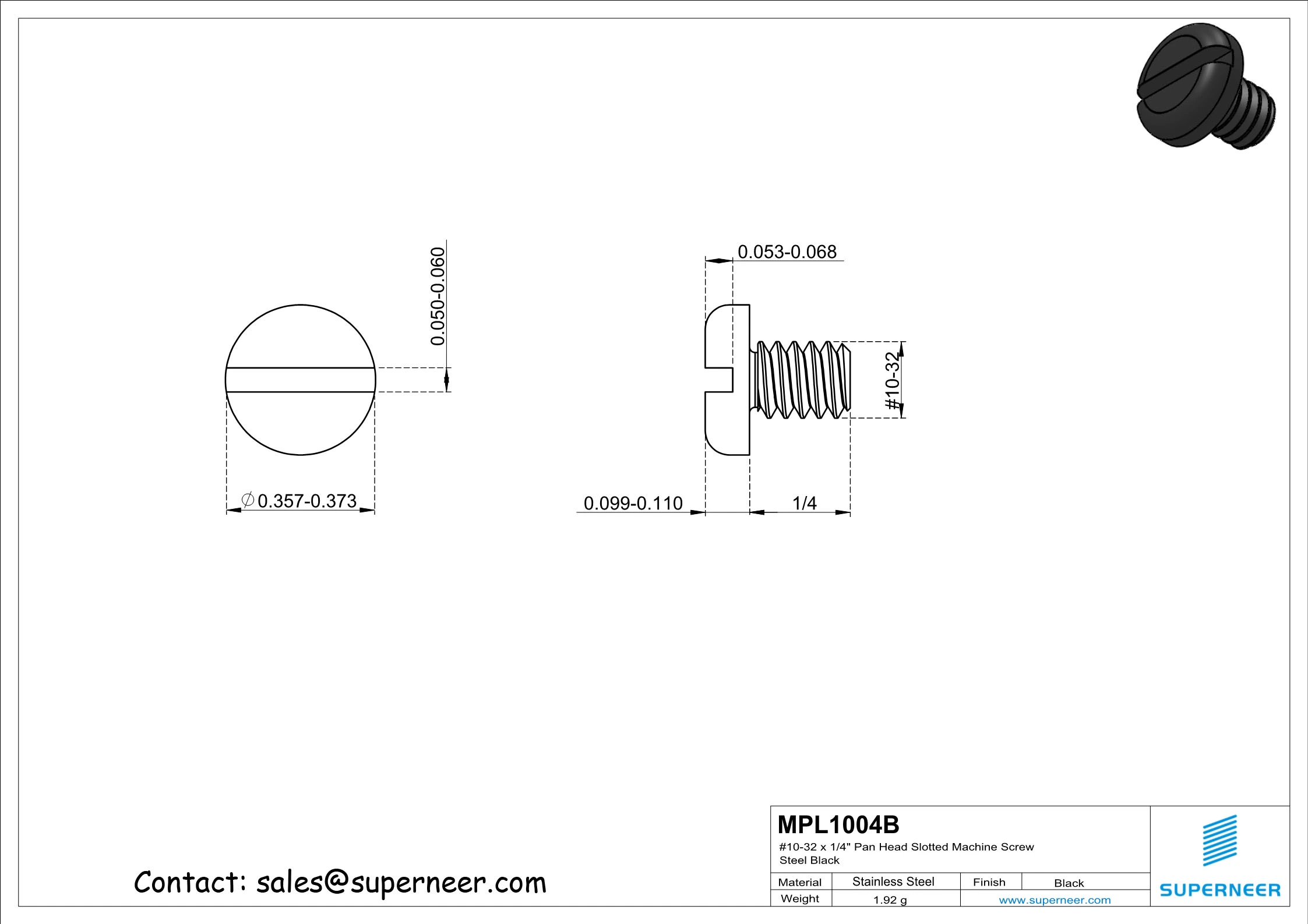 10-32 x 1/4" Pan Head Slotted Machine Screw Steel Black