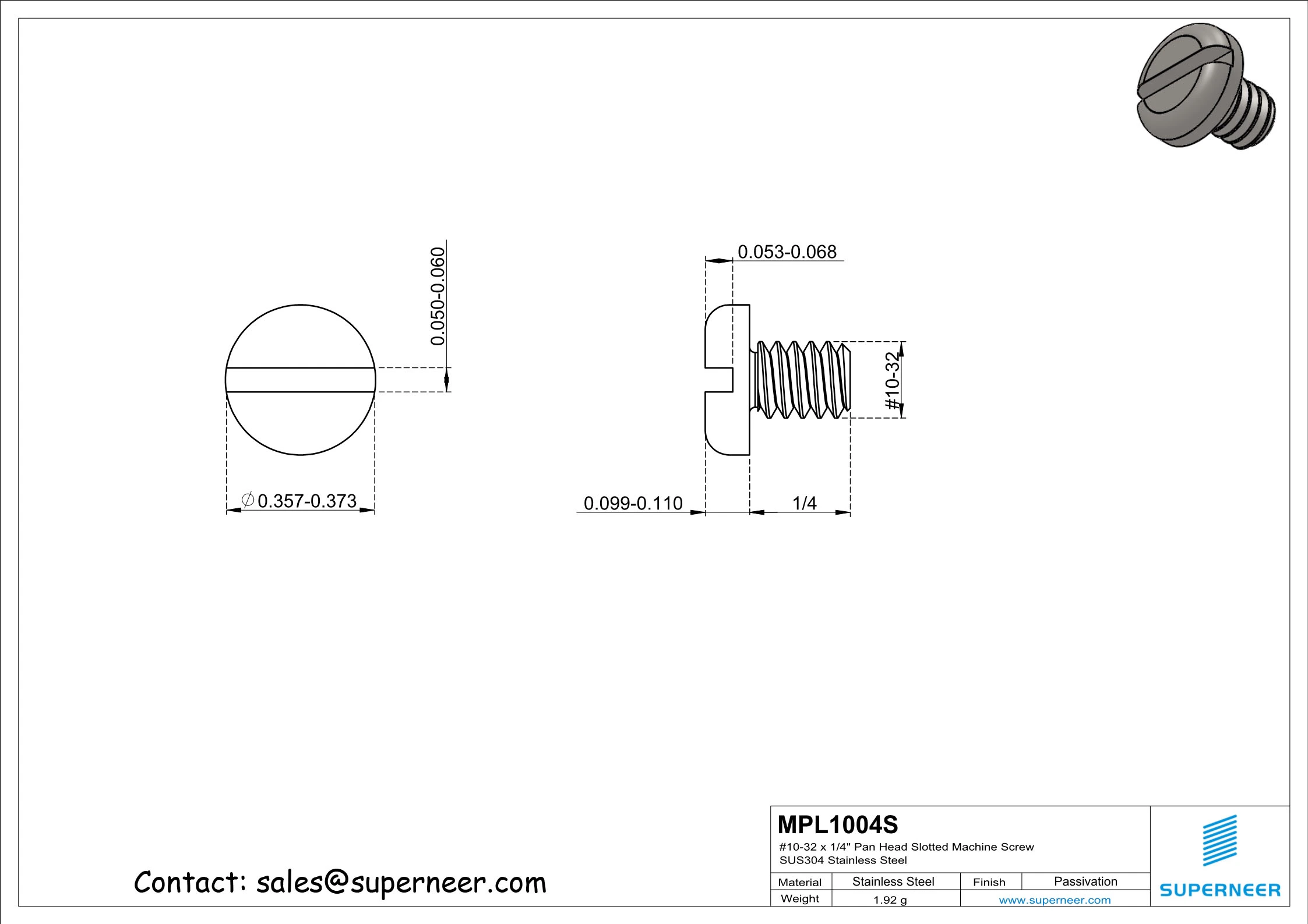 10-32 x 1/4" Pan Head Slotted Machine Screw SUS304 Stainless Steel Inox