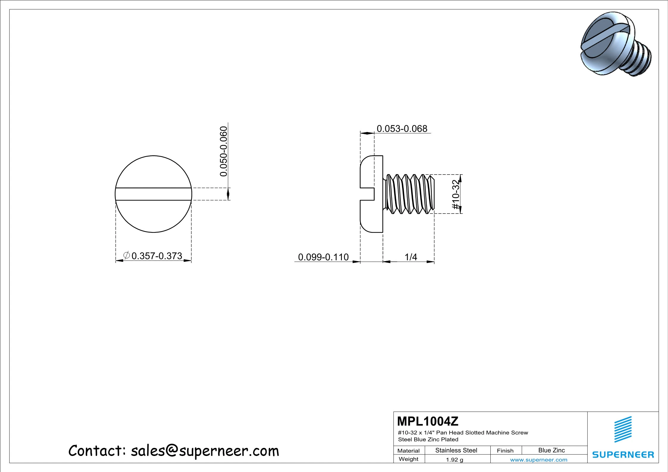 10-32 x 1/4" Pan Head Slotted Machine Screw Steel Blue Zinc Plated