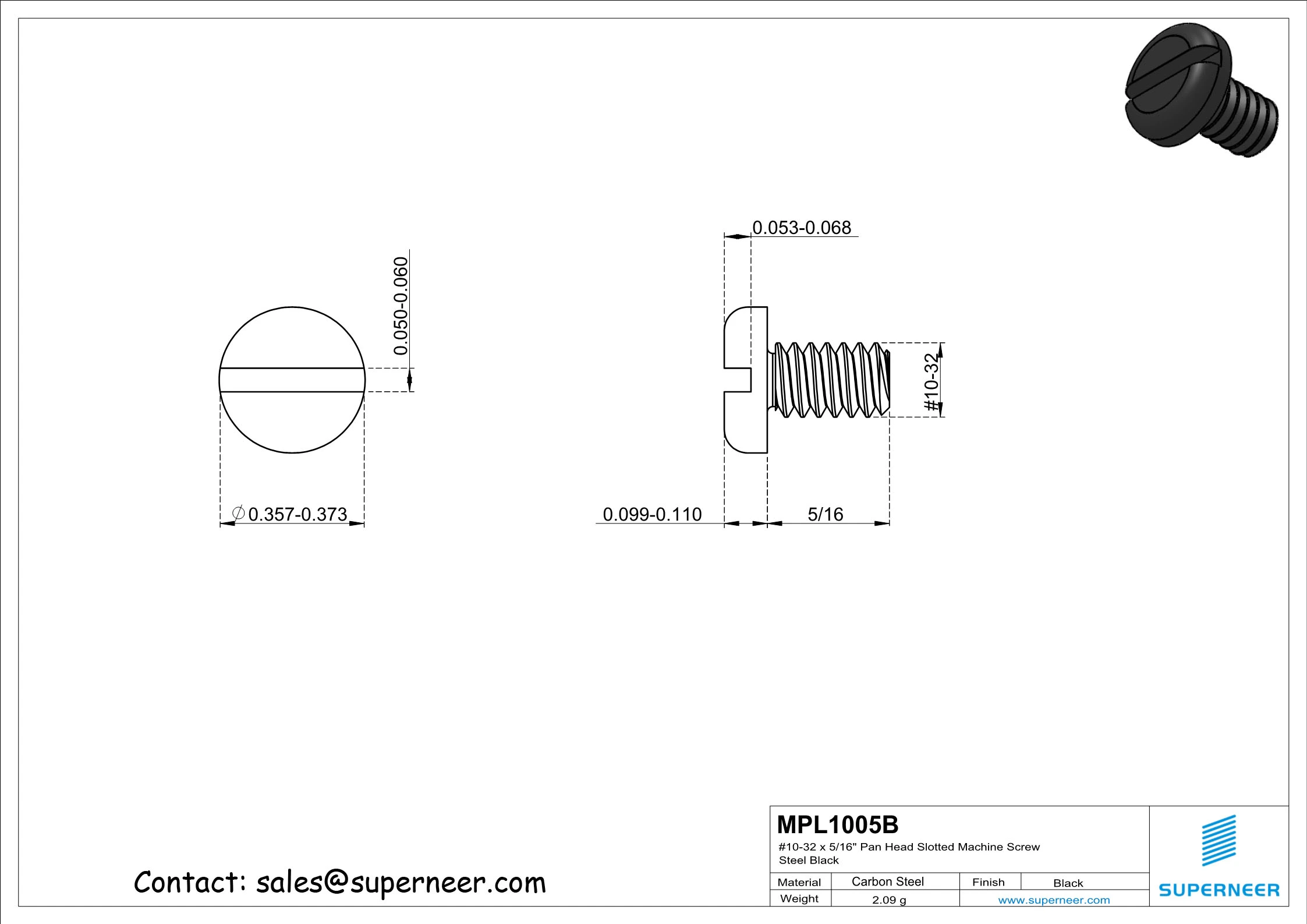 10-32 x 5/16" Pan Head Slotted Machine Screw Steel Black