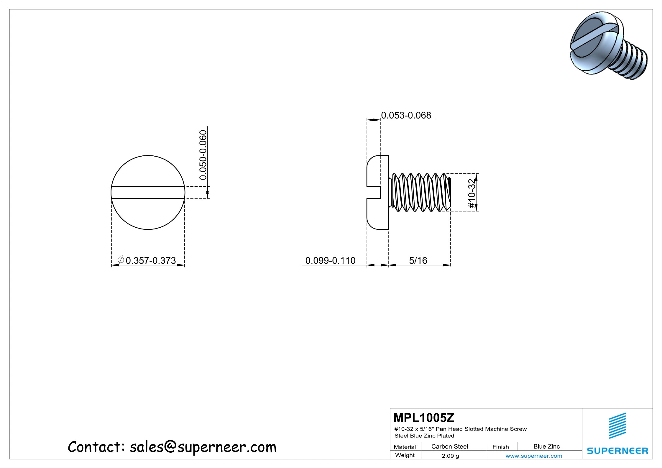 10-32 x 5/16" Pan Head Slotted Machine Screw Steel Blue Zinc Plated