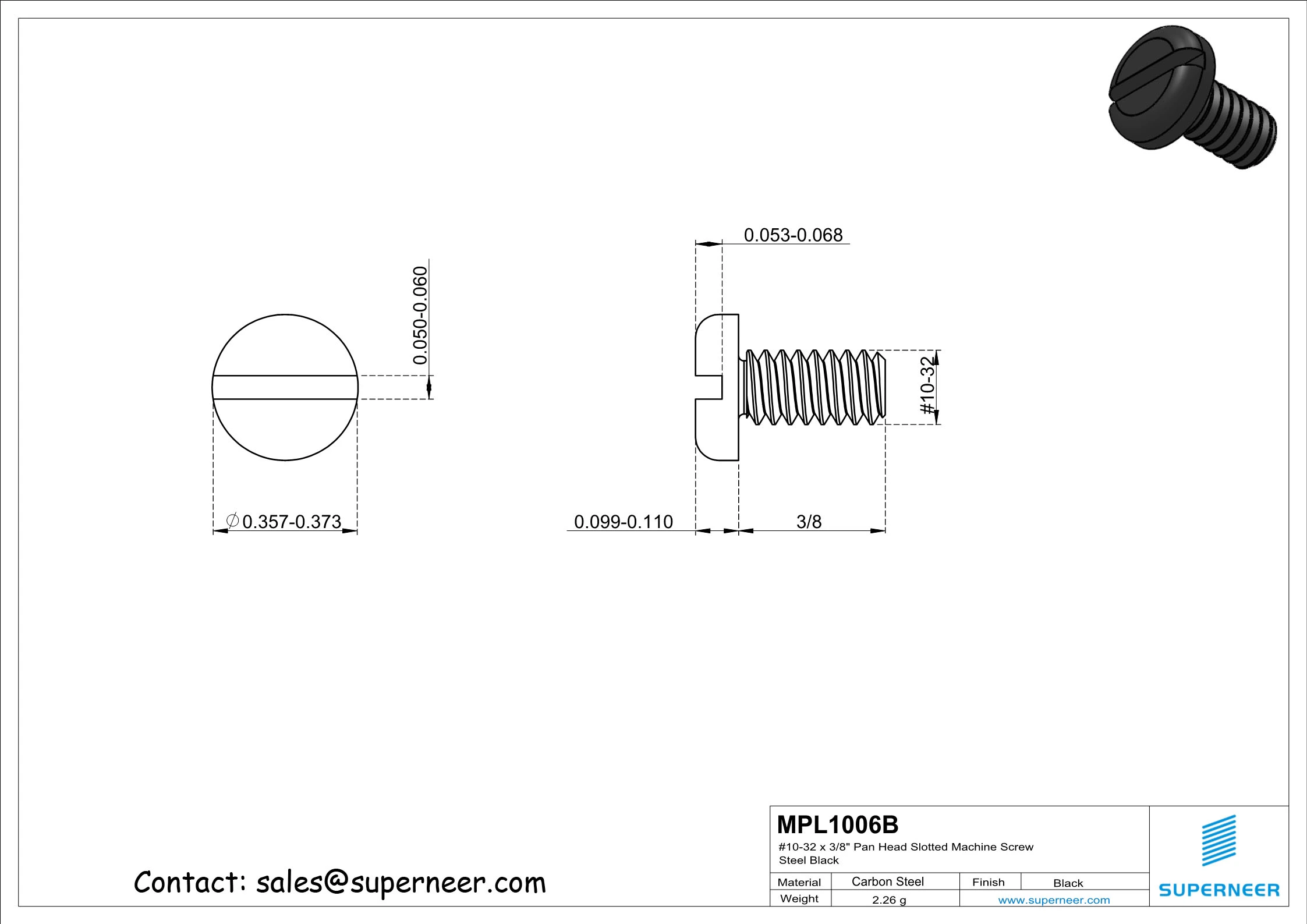 10-32 x 3/8" Pan Head Slotted Machine Screw Steel Black