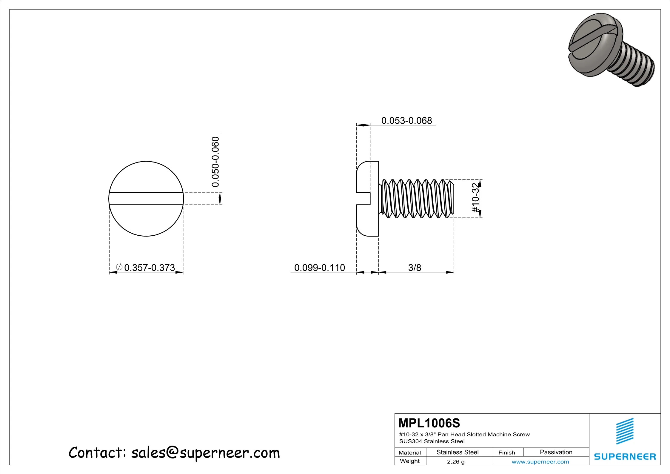 10-32 x 3/8" Pan Head Slotted Machine Screw SUS304 Stainless Steel Inox