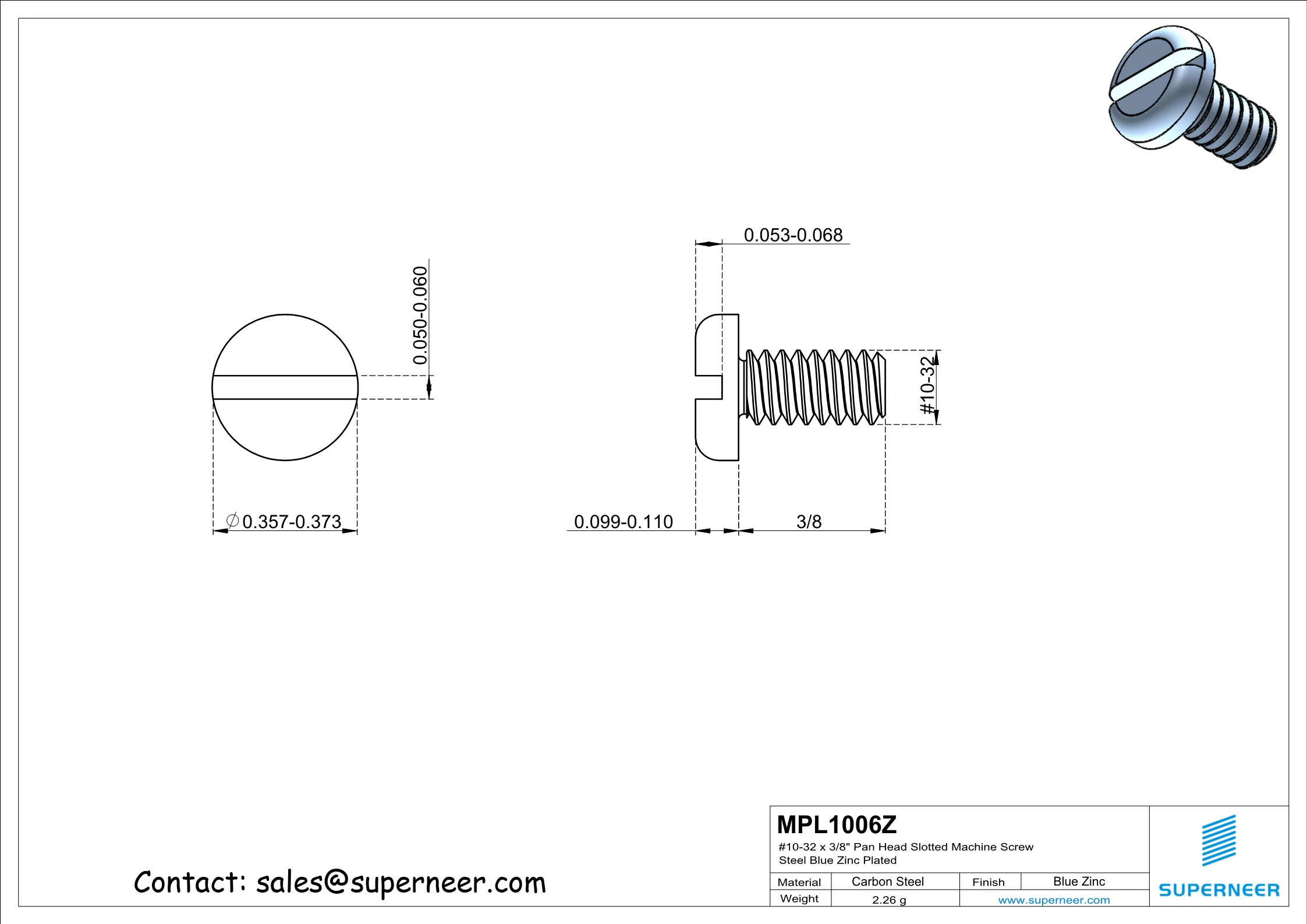 10-32 x 3/8" Pan Head Slotted Machine Screw Steel Blue Zinc Plated