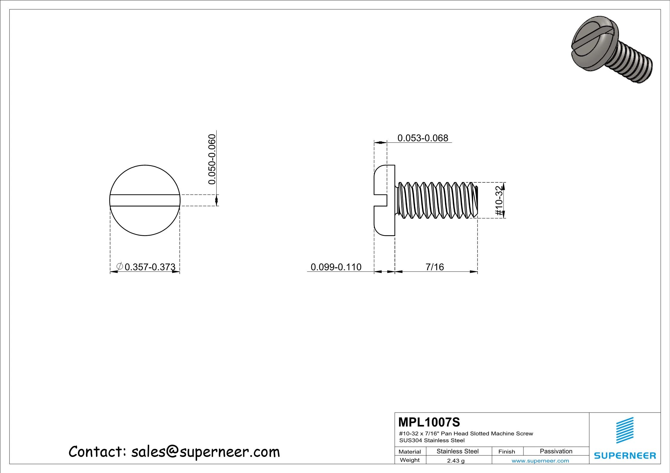 10-32 x 7/16" Pan Head Slotted Machine Screw SUS304 Stainless Steel Inox