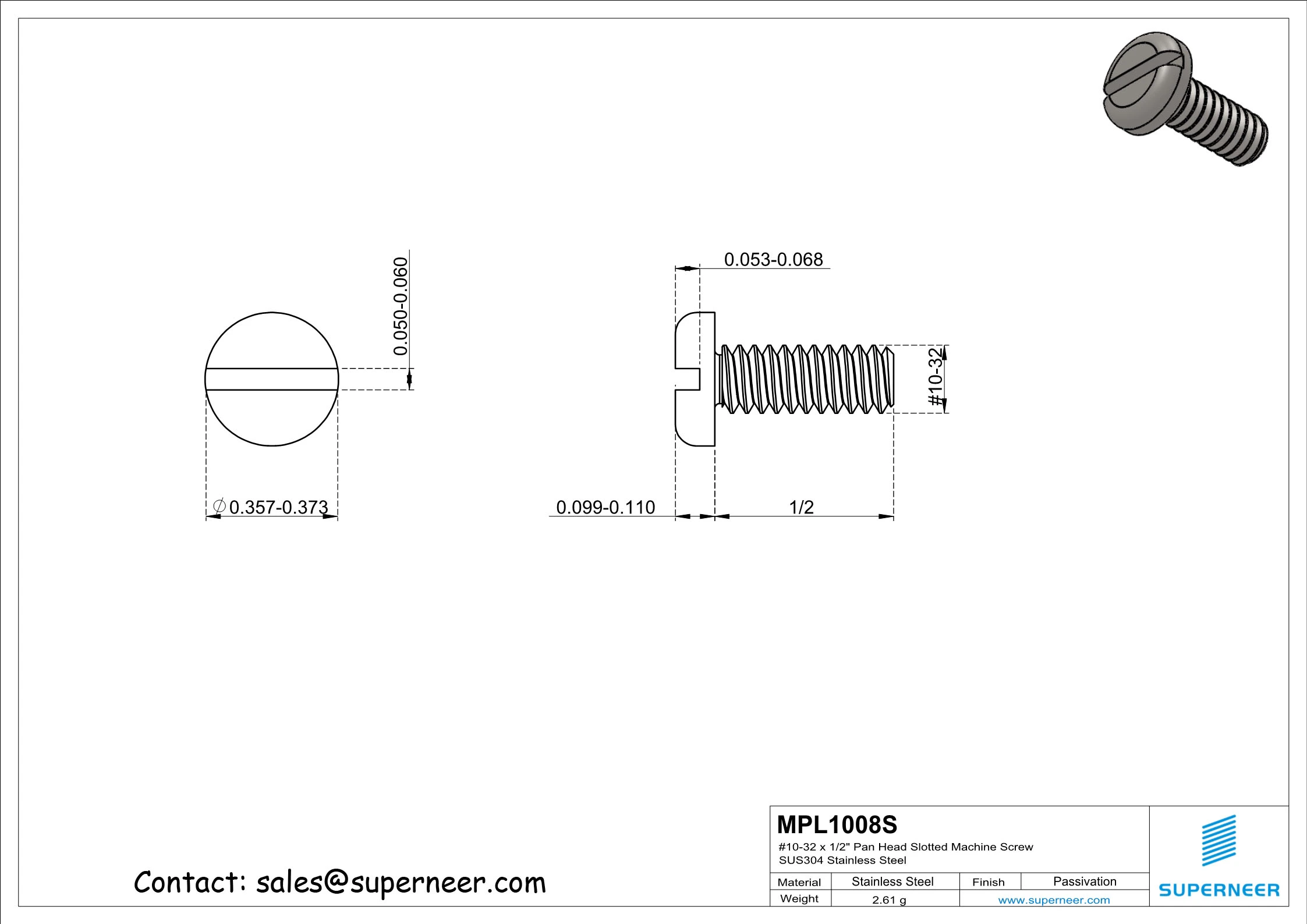 10-32 x 1/2" Pan Head Slotted Machine Screw SUS304 Stainless Steel Inox