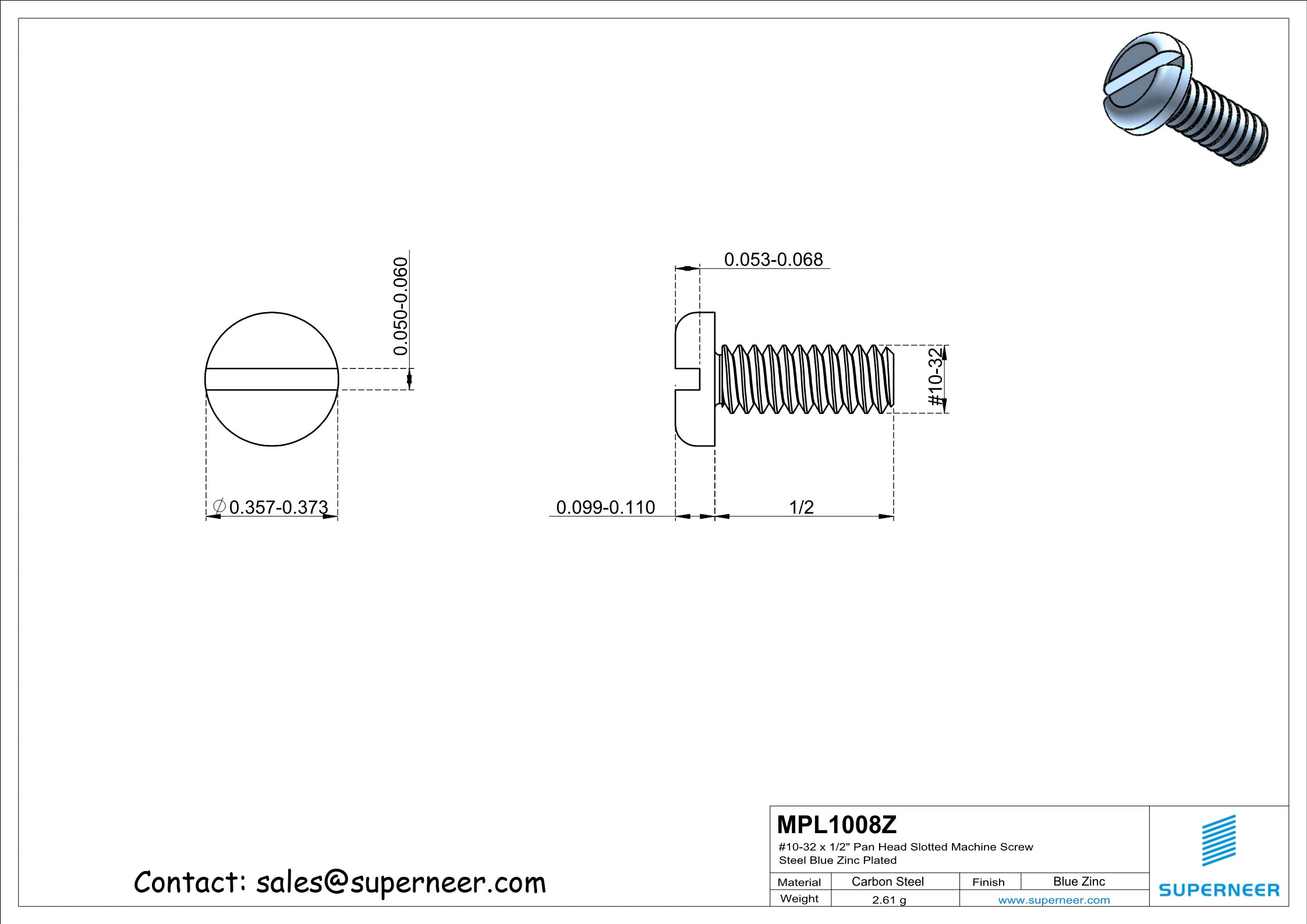 10-32 x 1/2" Pan Head Slotted Machine Screw Steel Blue Zinc Plated