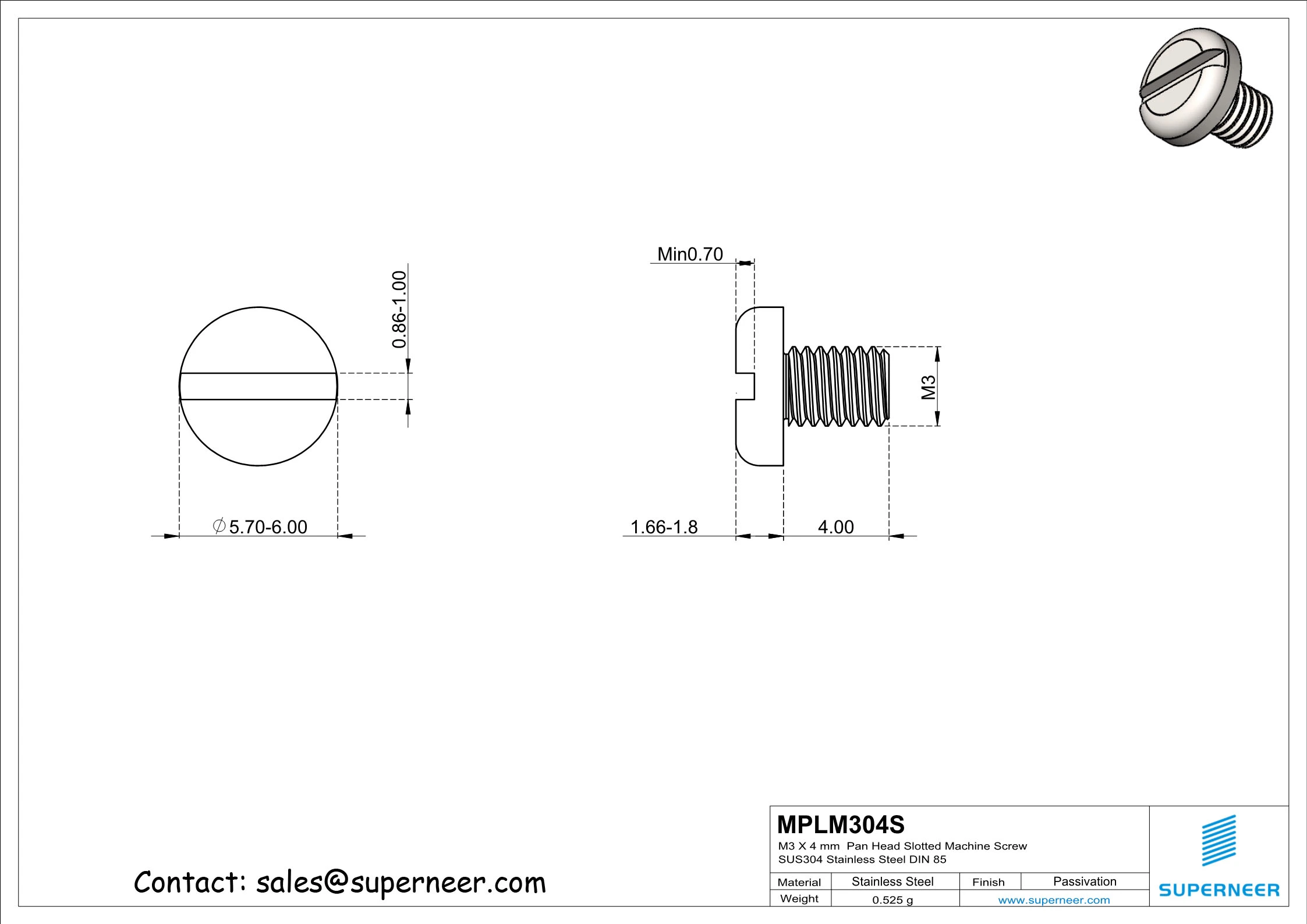 M3 x 4 mm  Pan Head Slotted Machine Screw SUS304 Stainless Steel Inox DIN 85