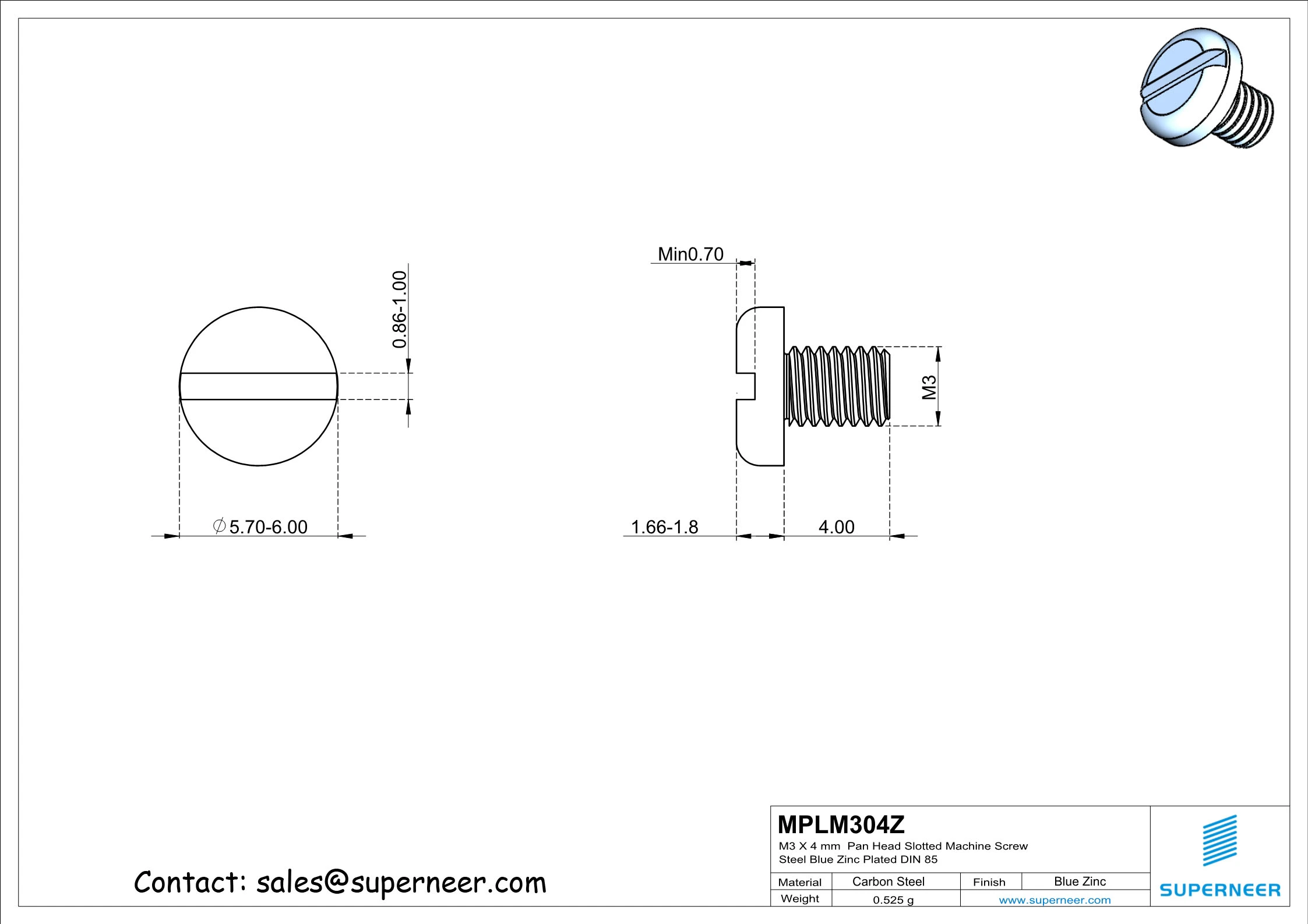 M3 x 4 mm Pan Head Slotted Machine Screw Steel Blue Zinc Plated DIN 85