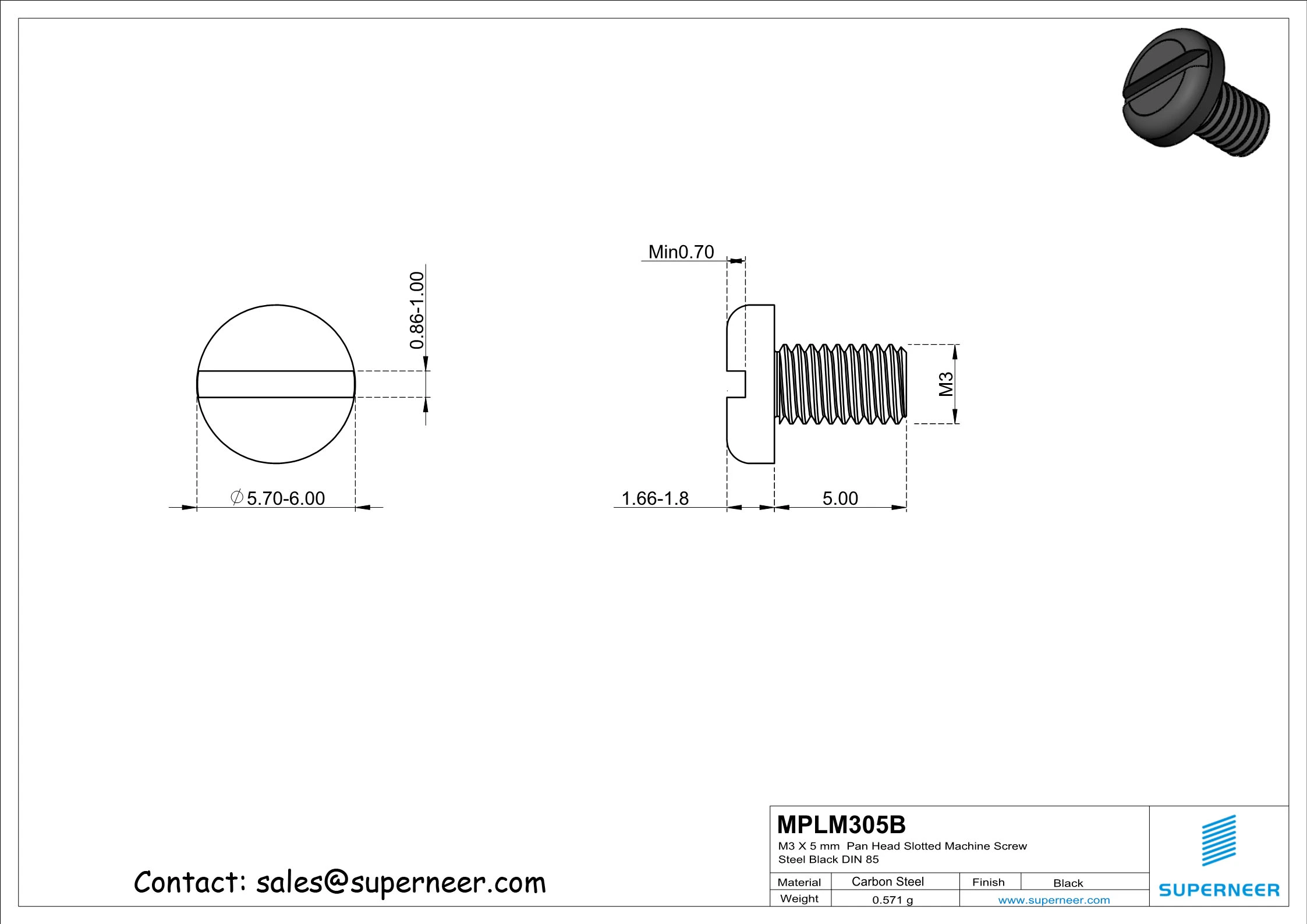 M3 x 5 mm Pan Head Slotted Machine Screw Steel Black DIN 85