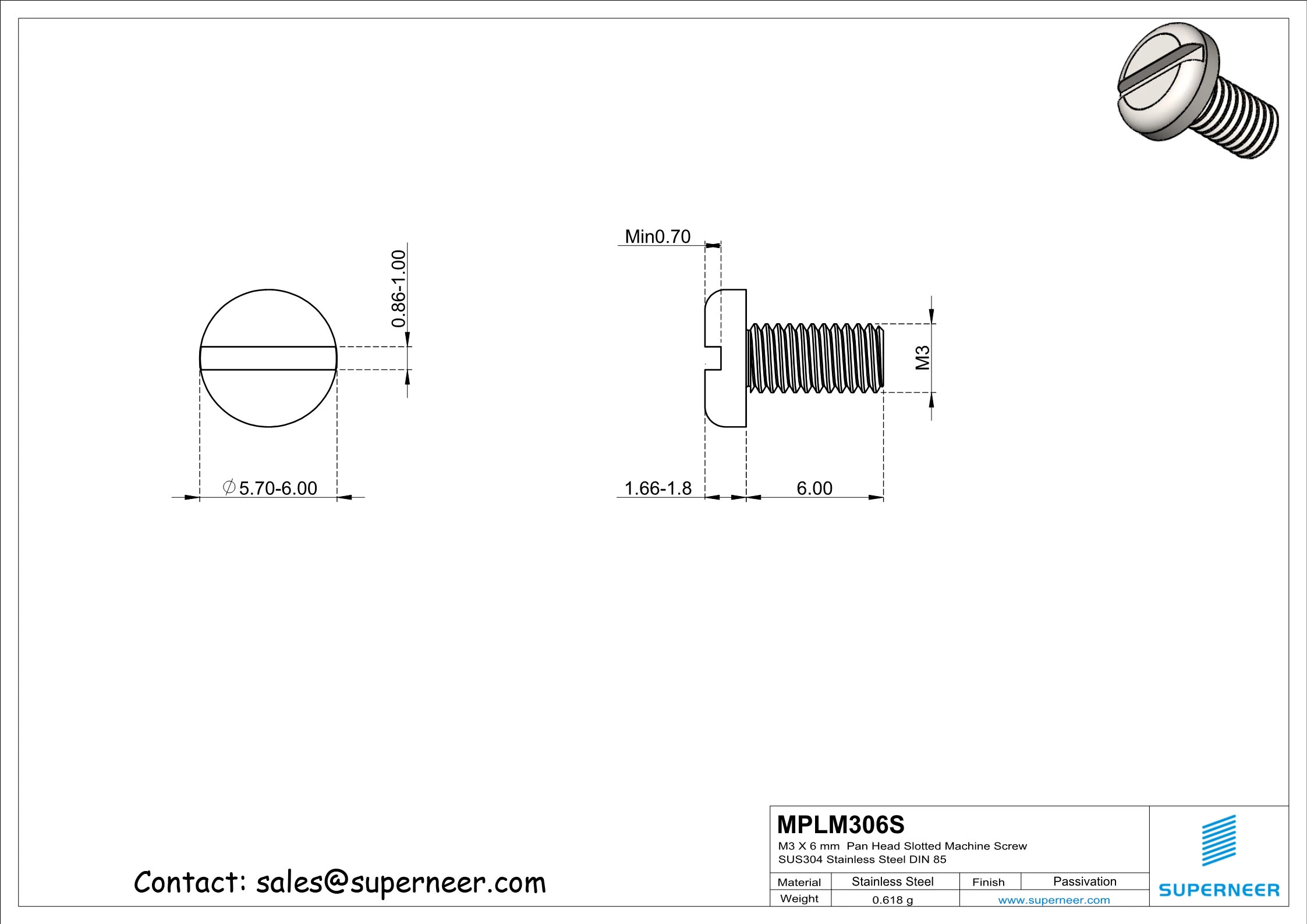 M3 x 6 mm  Pan Head Slotted Machine Screw SUS304 Stainless Steel Inox DIN 85