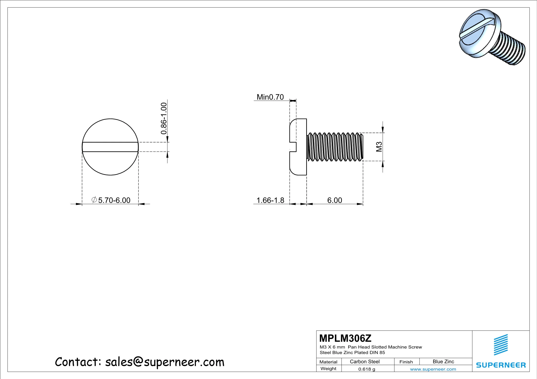 M3 x 6 mm Pan Head Slotted Machine Screw Steel Blue Zinc Plated DIN 85