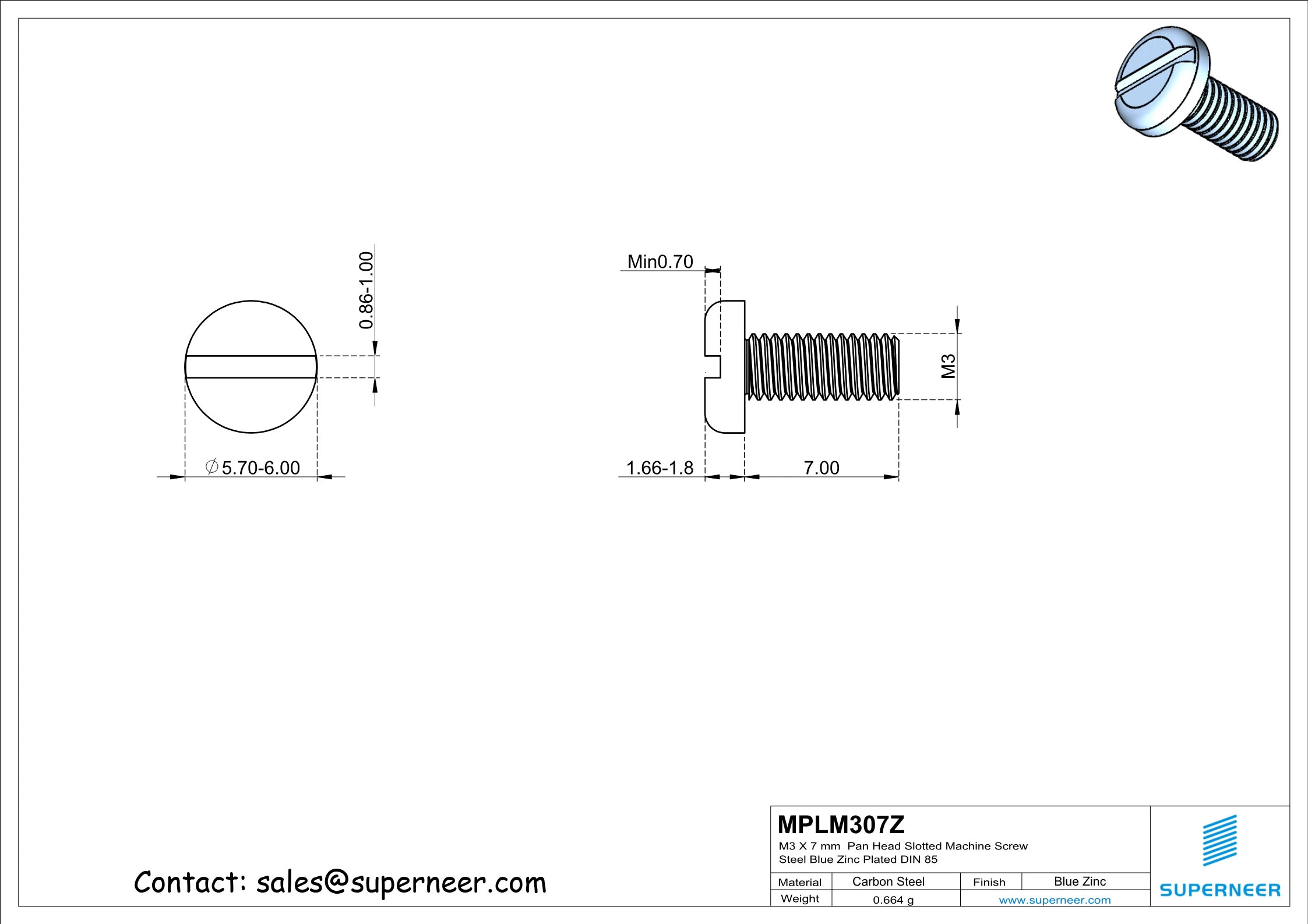 M3 x 7 mm Pan Head Slotted Machine Screw Steel Blue Zinc Plated DIN 85