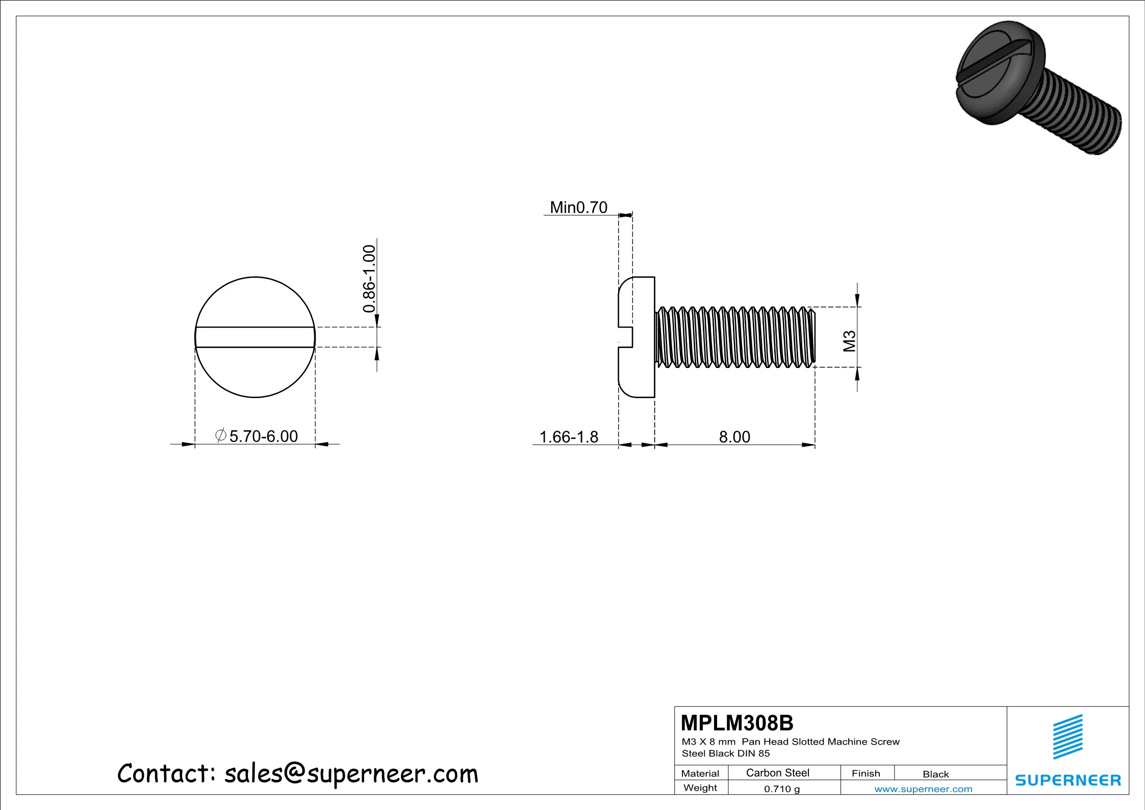 M3 x 8 mm Pan Head Slotted Machine Screw Steel Black DIN 85