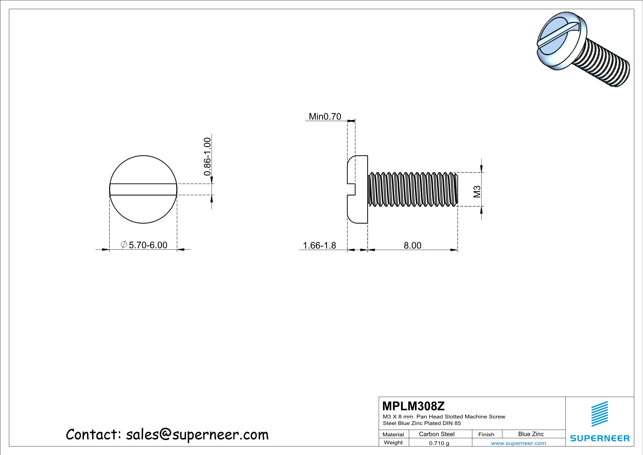 M3 x 8 mm Pan Head Slotted Machine Screw Steel Blue Zinc Plated DIN 85