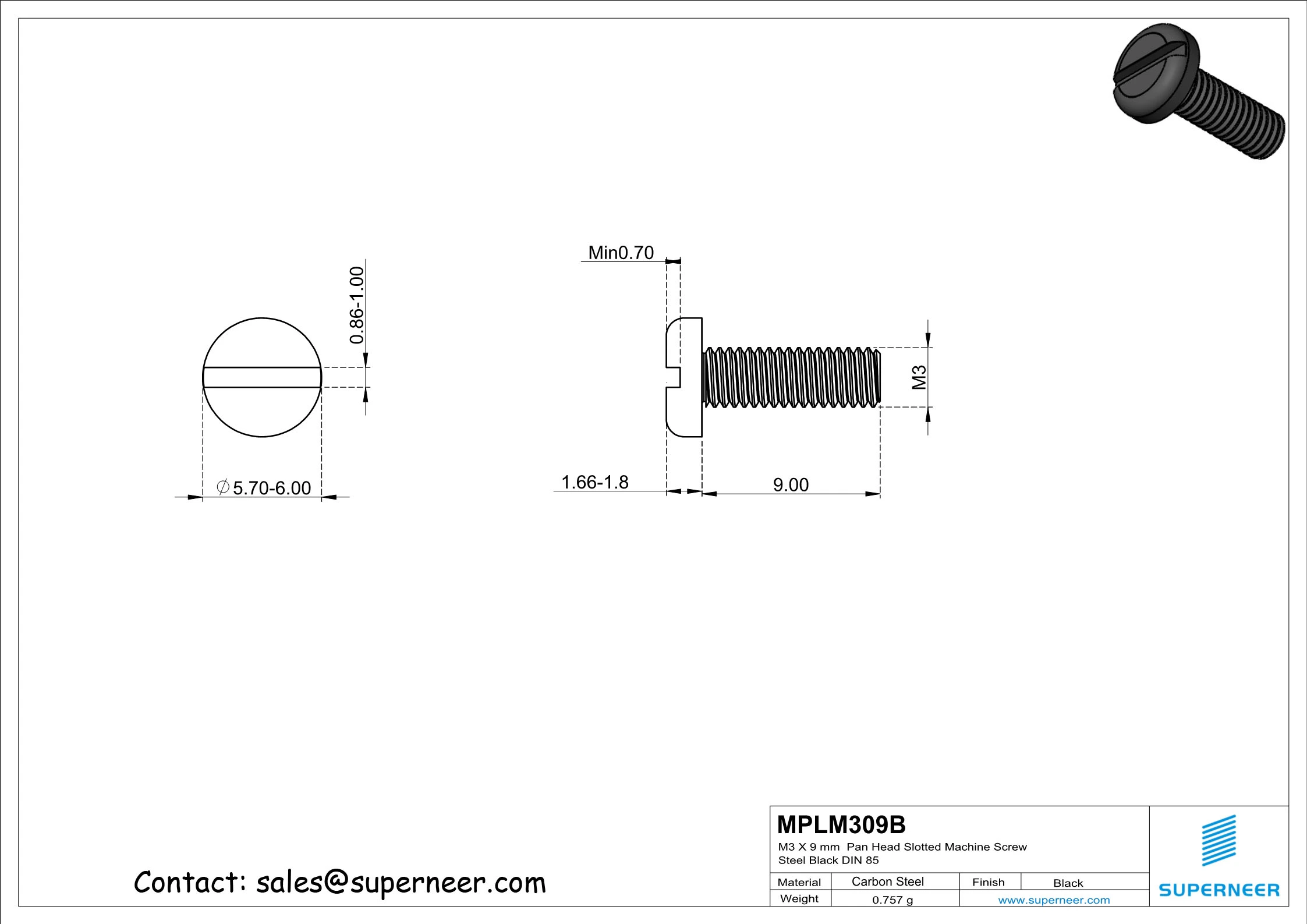 M3 x 9 mm Pan Head Slotted Machine Screw Steel Black DIN 85