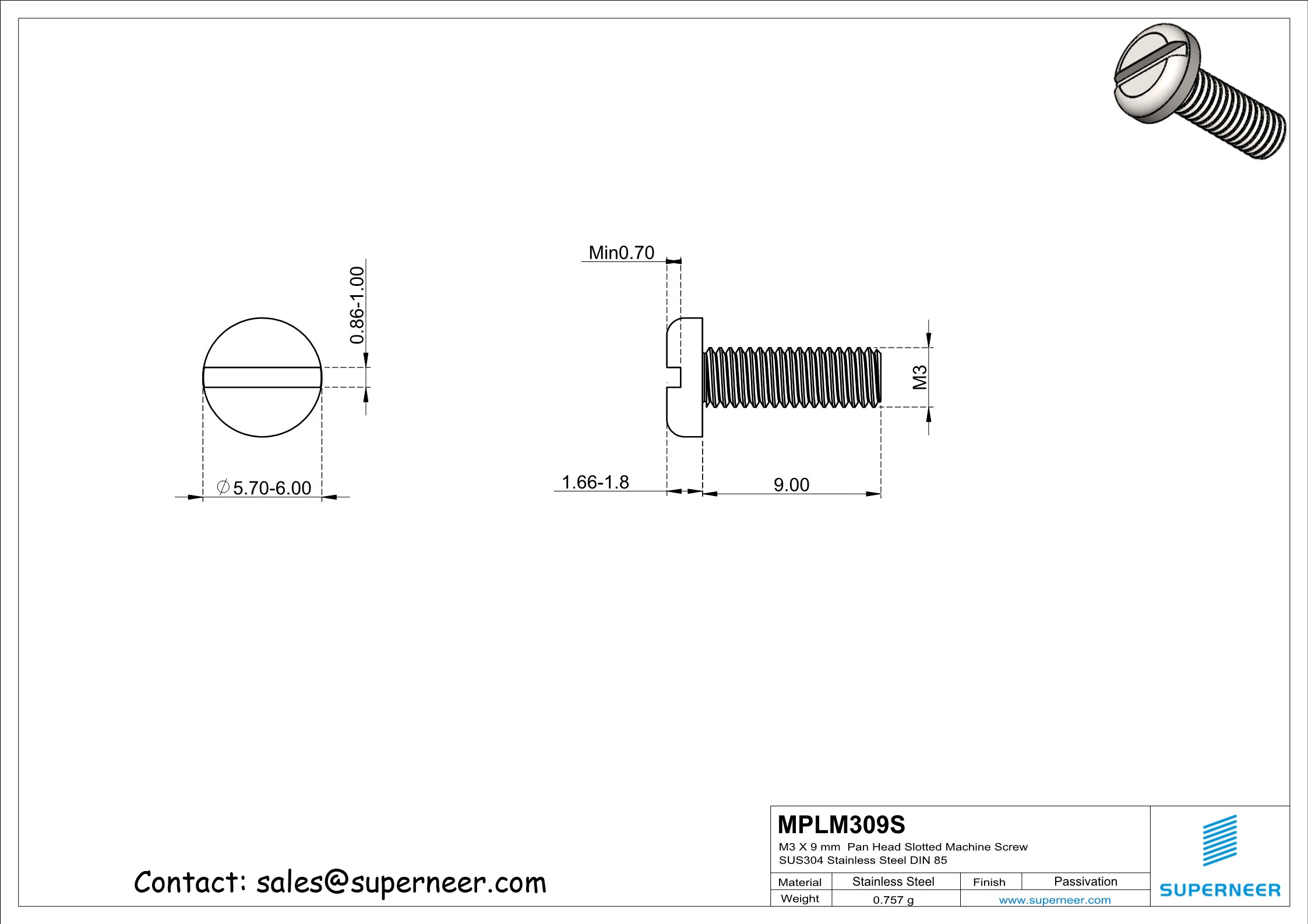 M3 x 9 mm  Pan Head Slotted Machine Screw SUS304 Stainless Steel Inox DIN 85