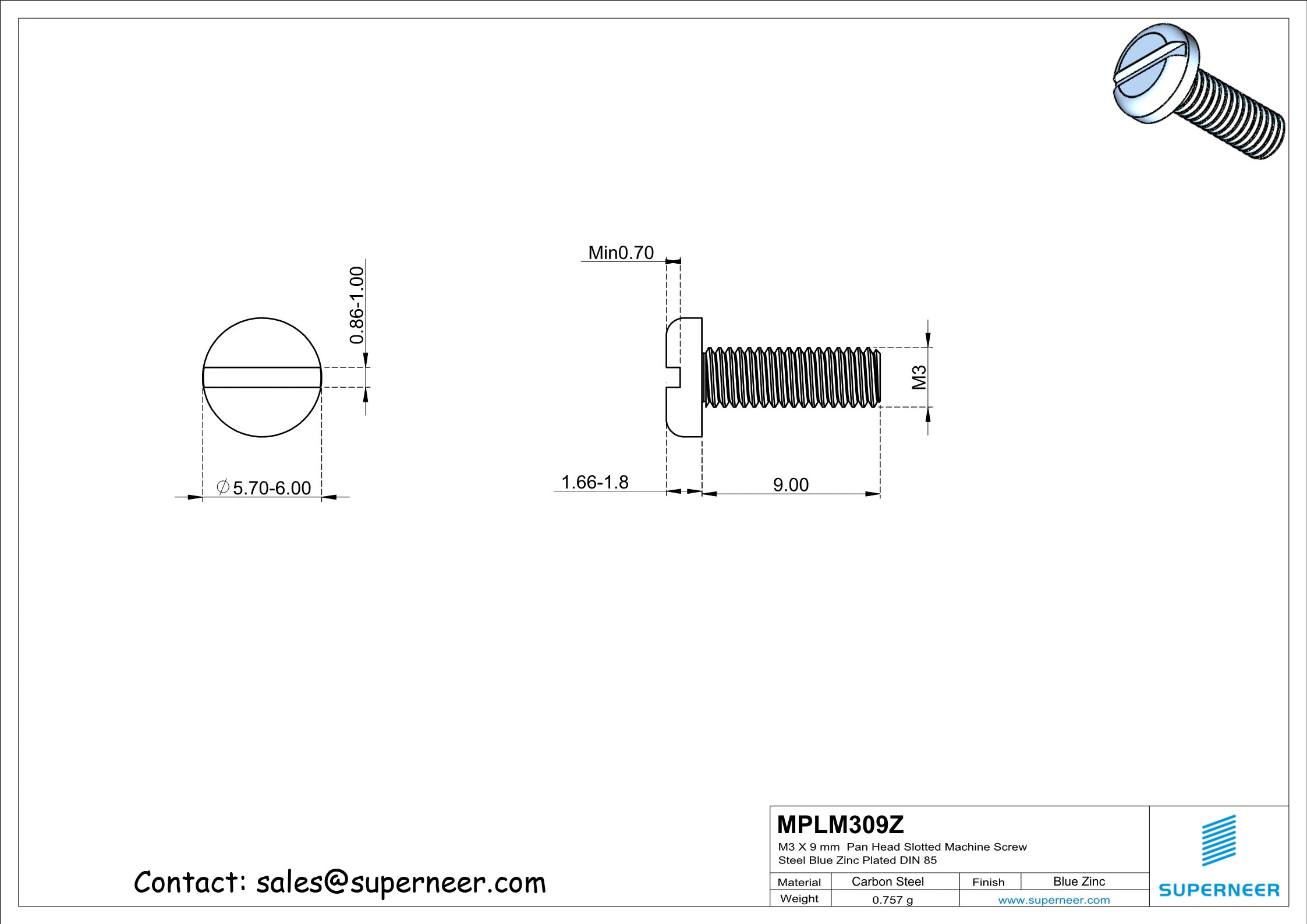 M3 x 9 mm Pan Head Slotted Machine Screw Steel Blue Zinc Plated DIN 85