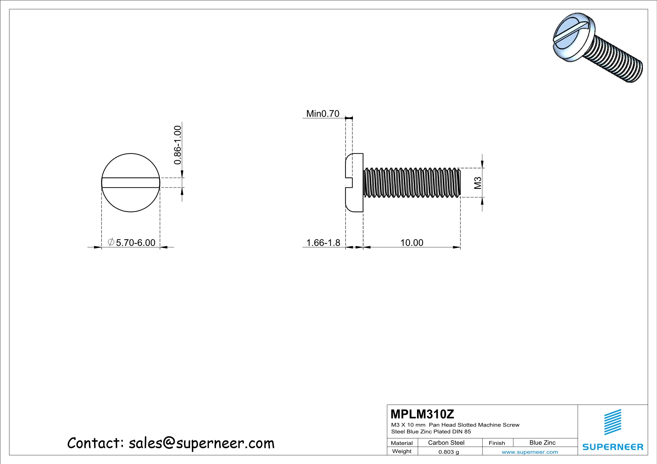 M3 x 10 mm Pan Head Slotted Machine Screw Steel Blue Zinc Plated DIN 85