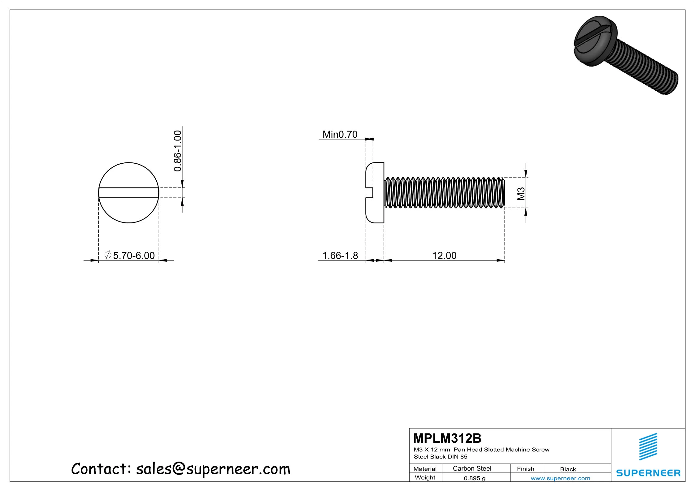 M3 x 12 mm Pan Head Slotted Machine Screw Steel Black DIN 85