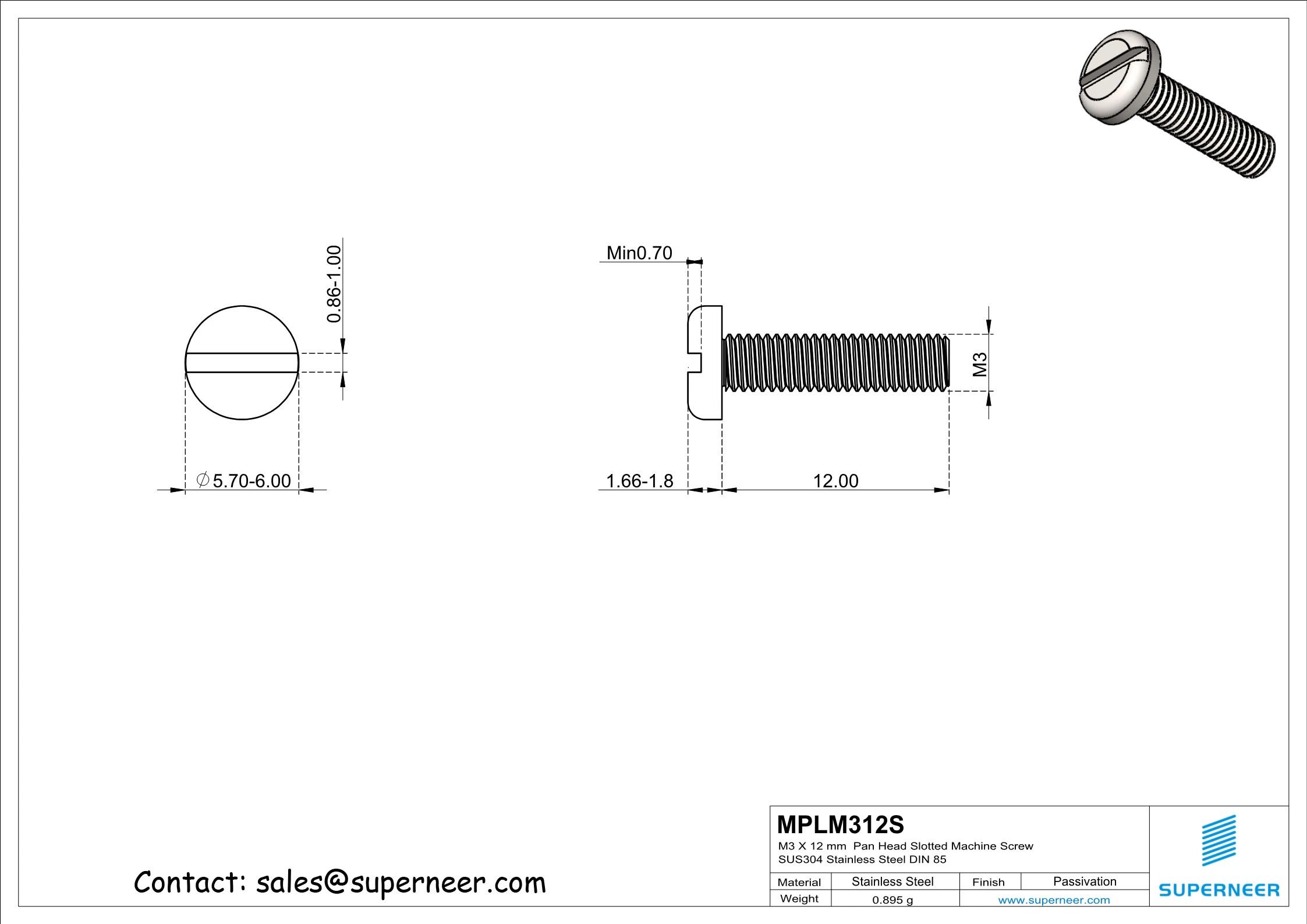 M3 x 12 mm  Pan Head Slotted Machine Screw SUS304 Stainless Steel Inox DIN 85