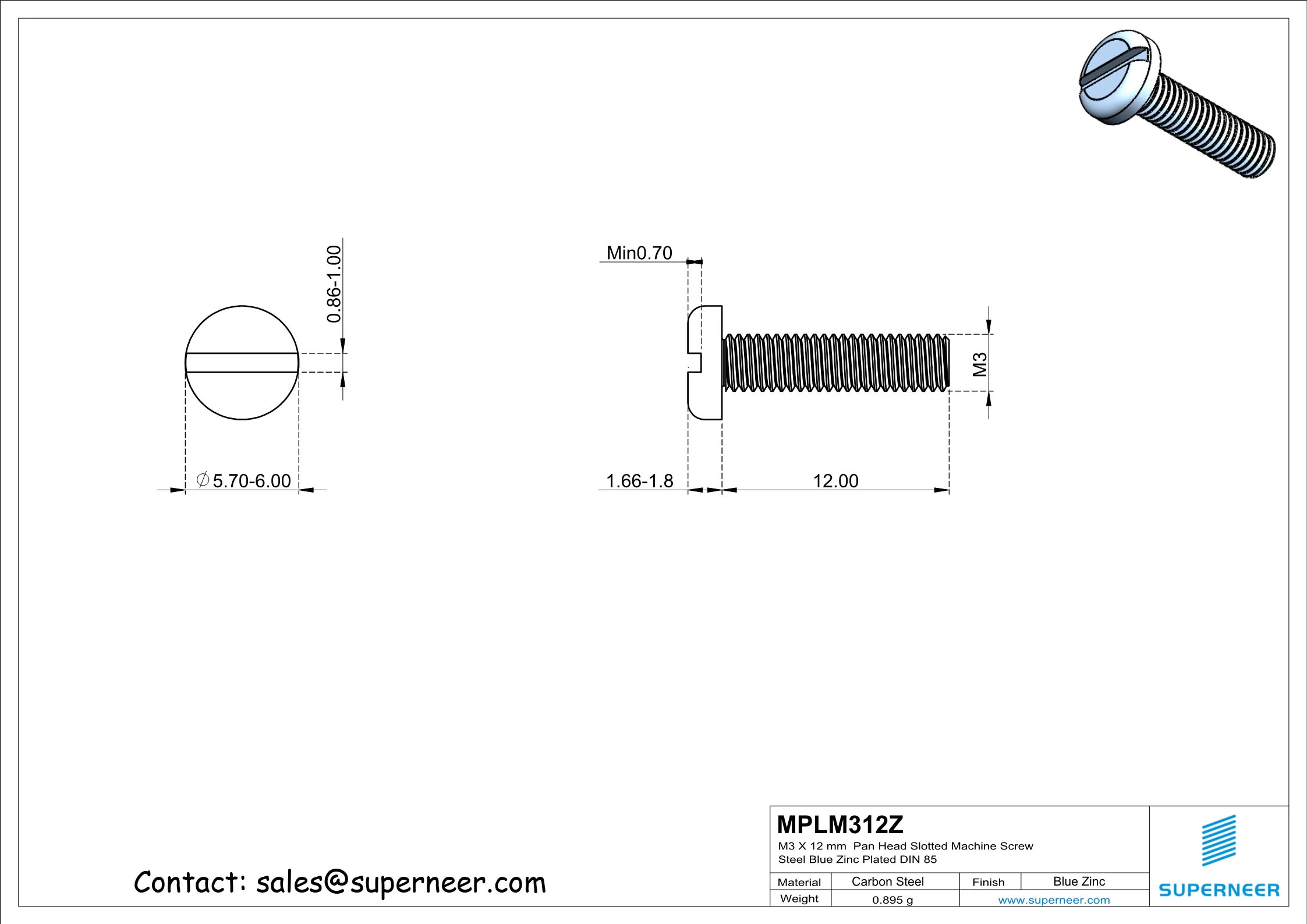 M3 x 12 mm Pan Head Slotted Machine Screw Steel Blue Zinc Plated DIN 85