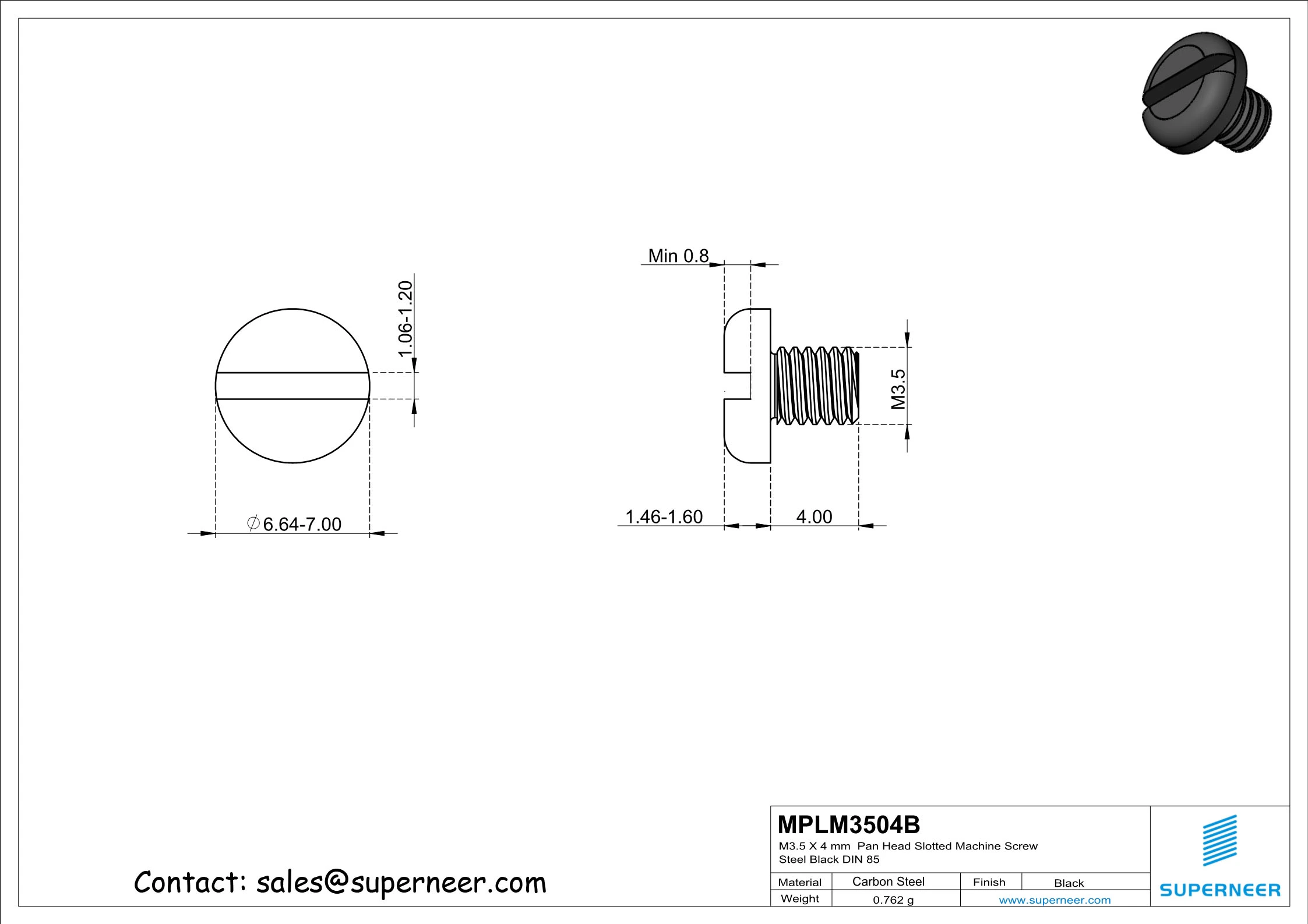 M3.5 x 4 mm Pan Head Slotted Machine Screw Steel Black DIN 85