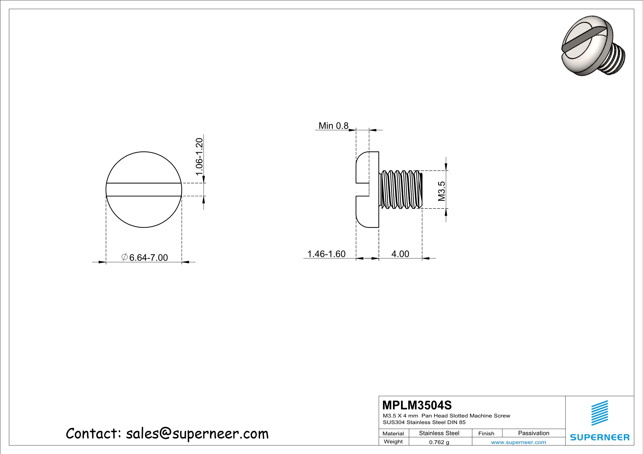 M3.5 x 4 mm  Pan Head Slotted Machine Screw SUS304 Stainless Steel Inox DIN 85