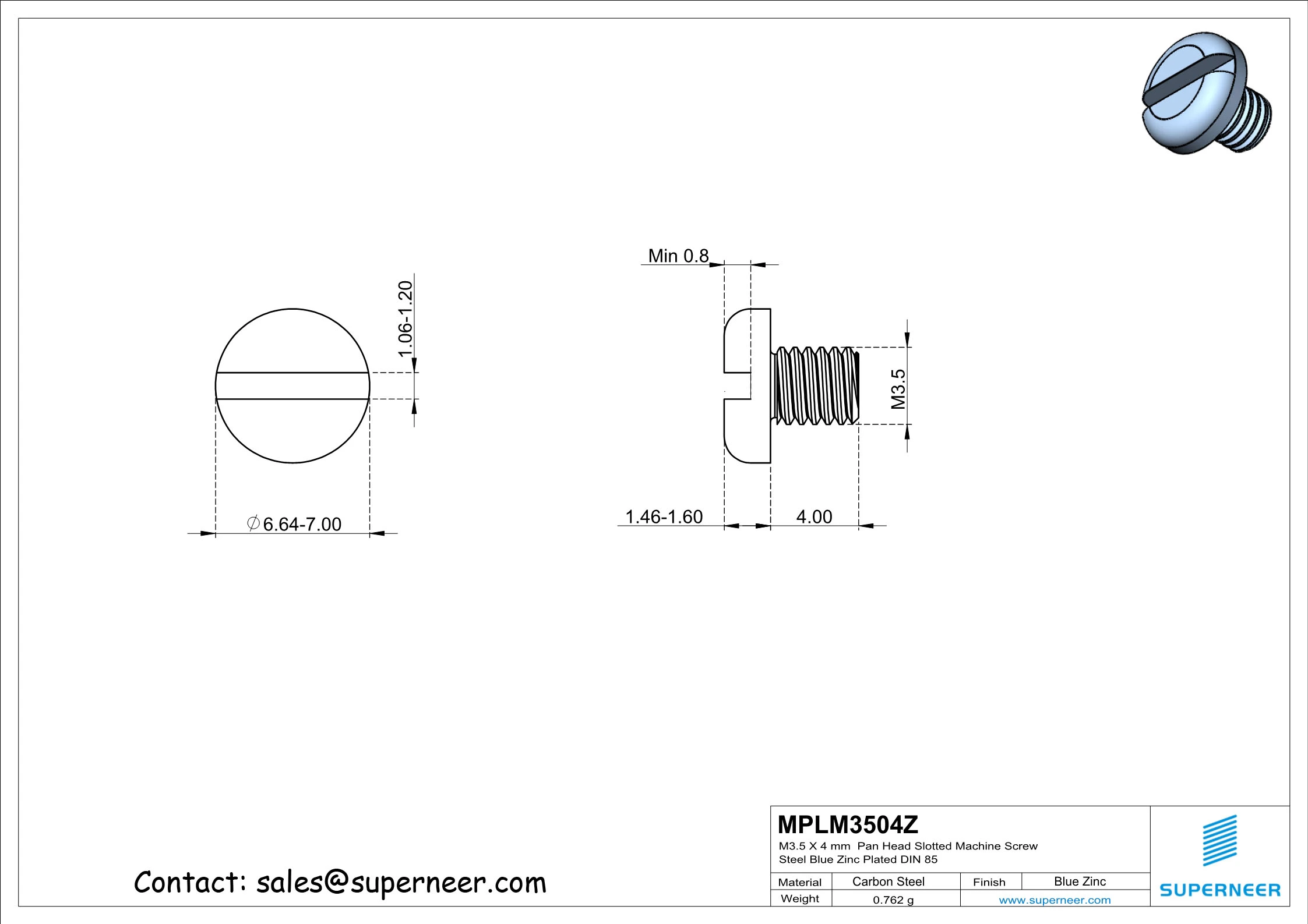 M3.5 x 4 mm Pan Head Slotted Machine Screw Steel Blue Zinc Plated DIN 85