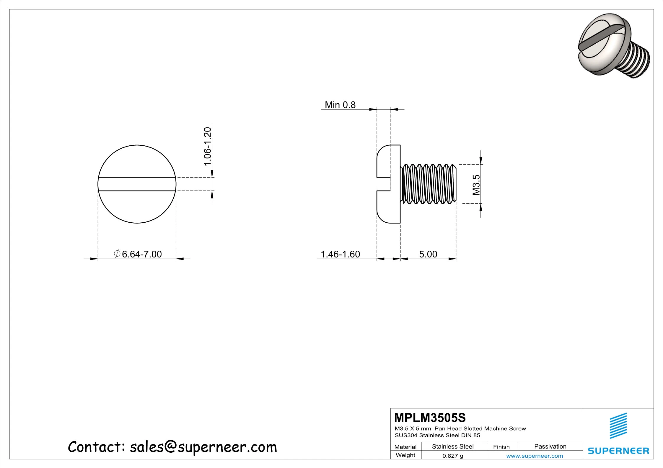 M3.5 x 5 mm  Pan Head Slotted Machine Screw SUS304 Stainless Steel Inox DIN 85