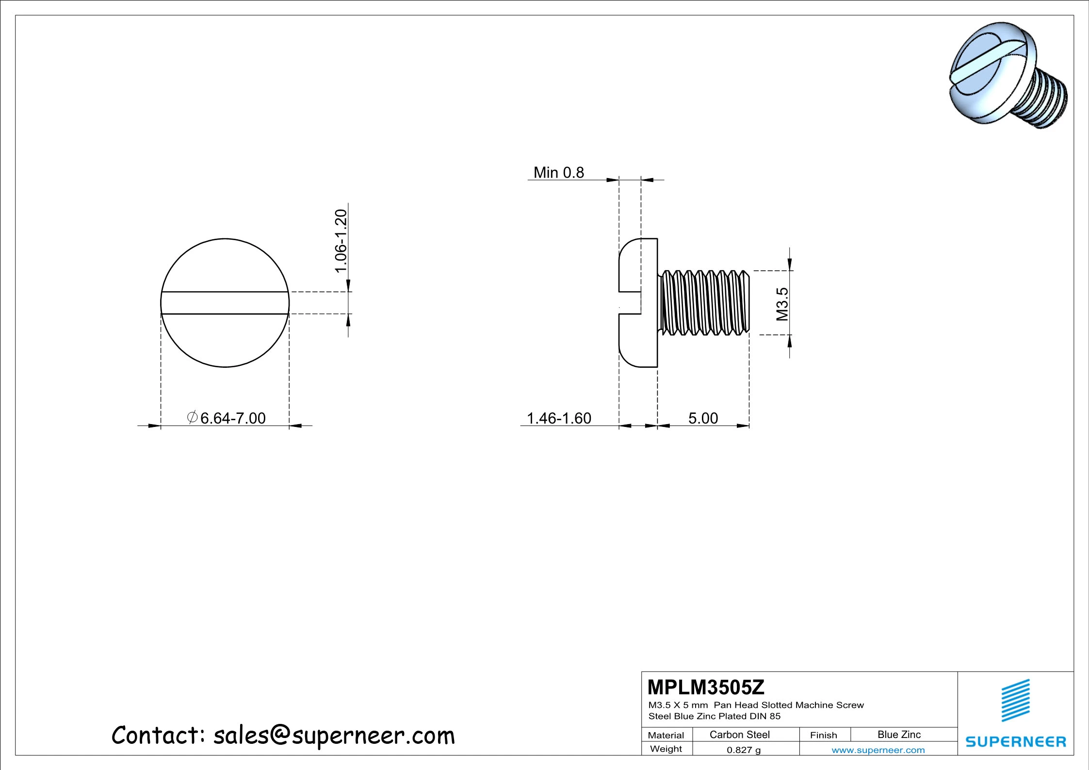 M3.5 x 5 mm Pan Head Slotted Machine Screw Steel Blue Zinc Plated DIN 85