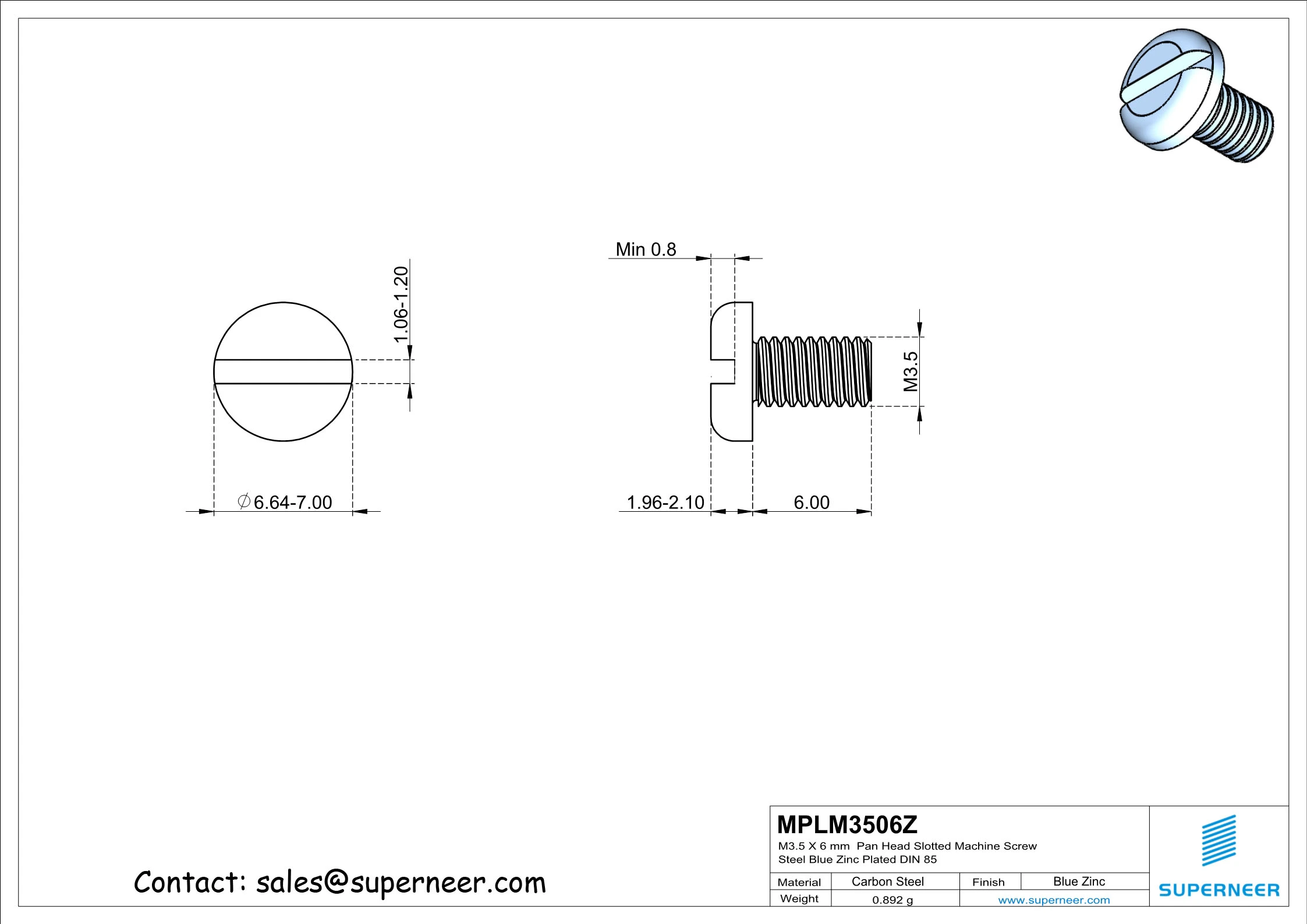 M3.5 x 6 mm Pan Head Slotted Machine Screw Steel Blue Zinc Plated DIN 85