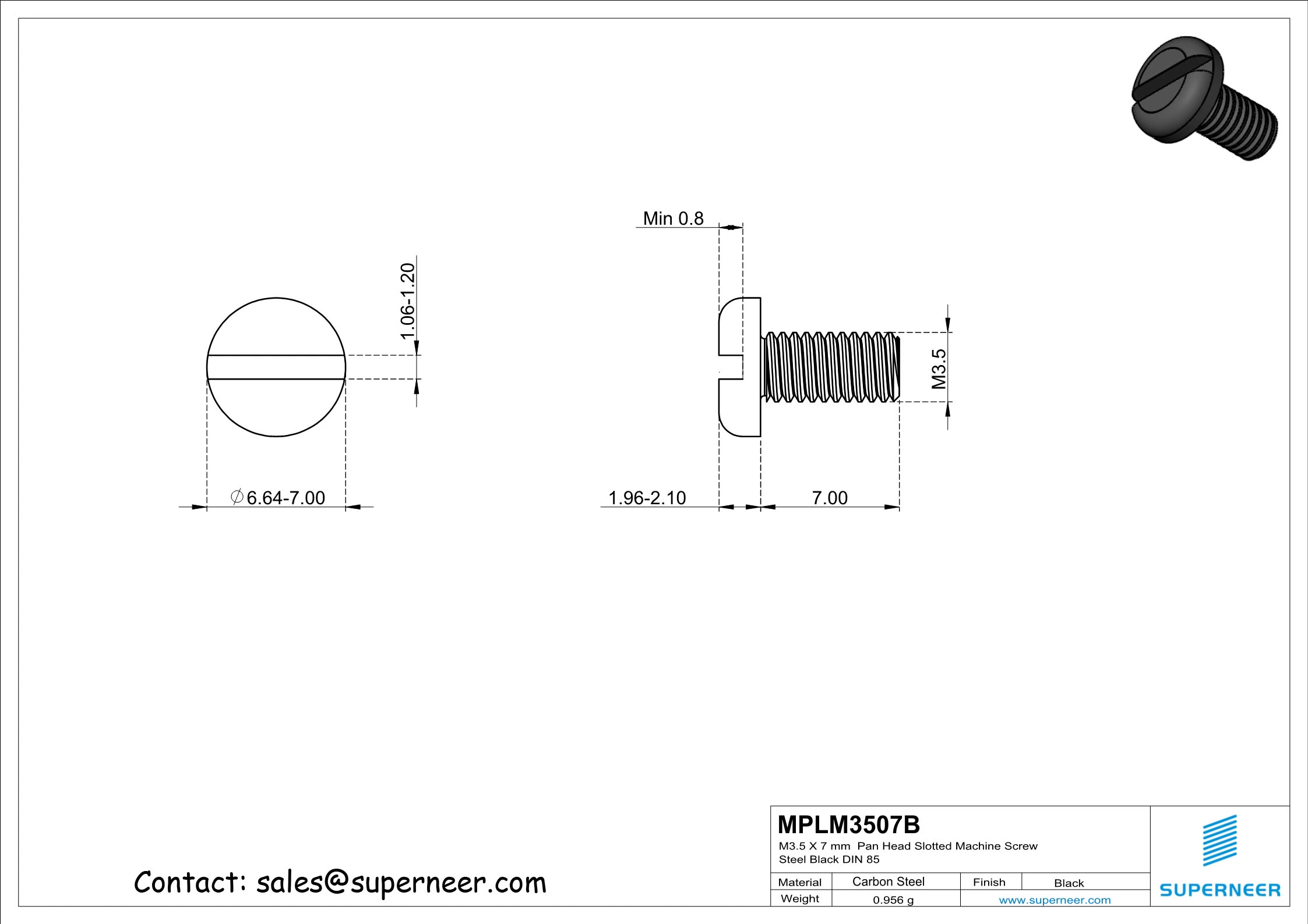 M3.5 x 7 mm Pan Head Slotted Machine Screw Steel Black DIN 85