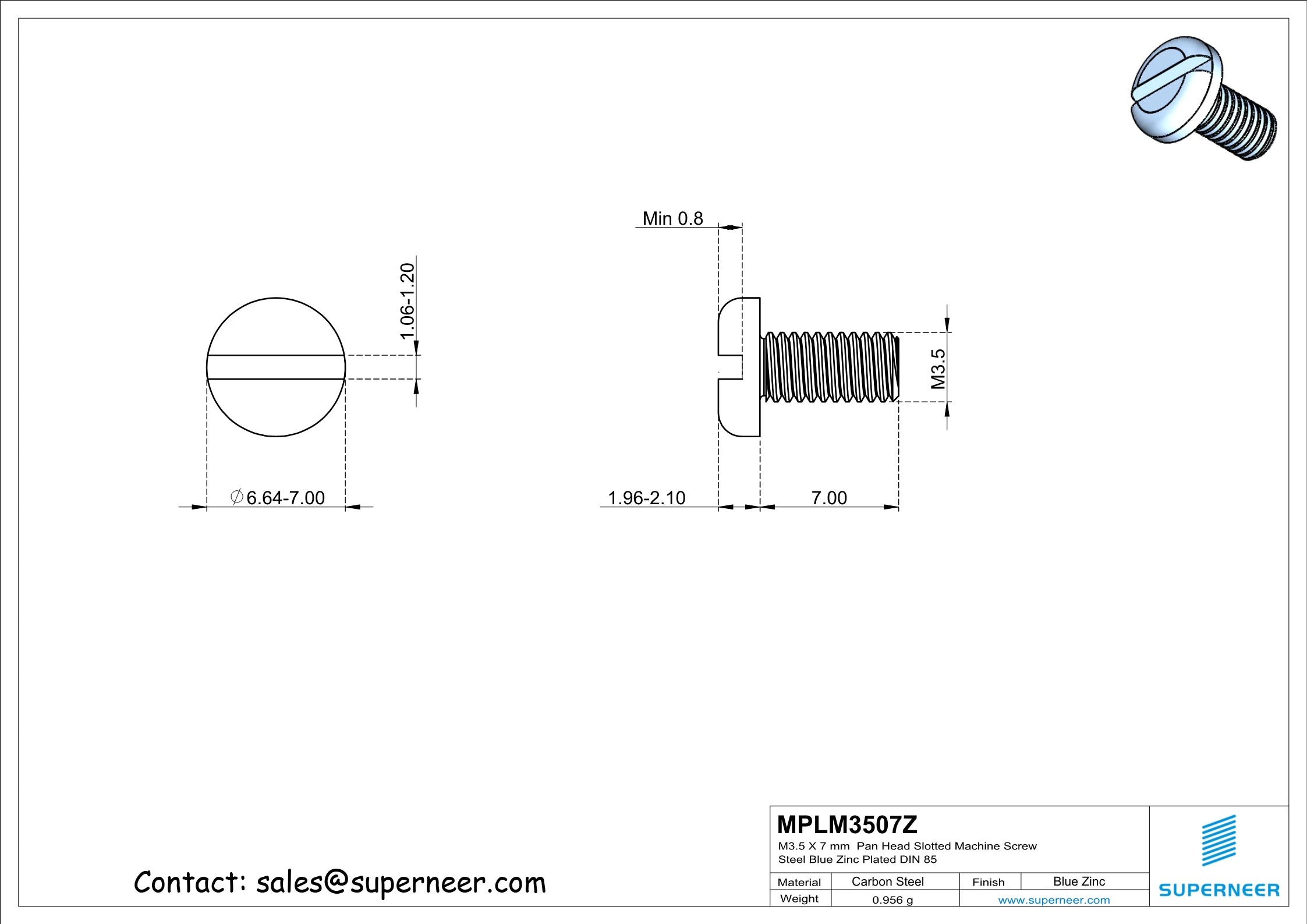 M3.5 x 7 mm Pan Head Slotted Machine Screw Steel Blue Zinc Plated DIN 85