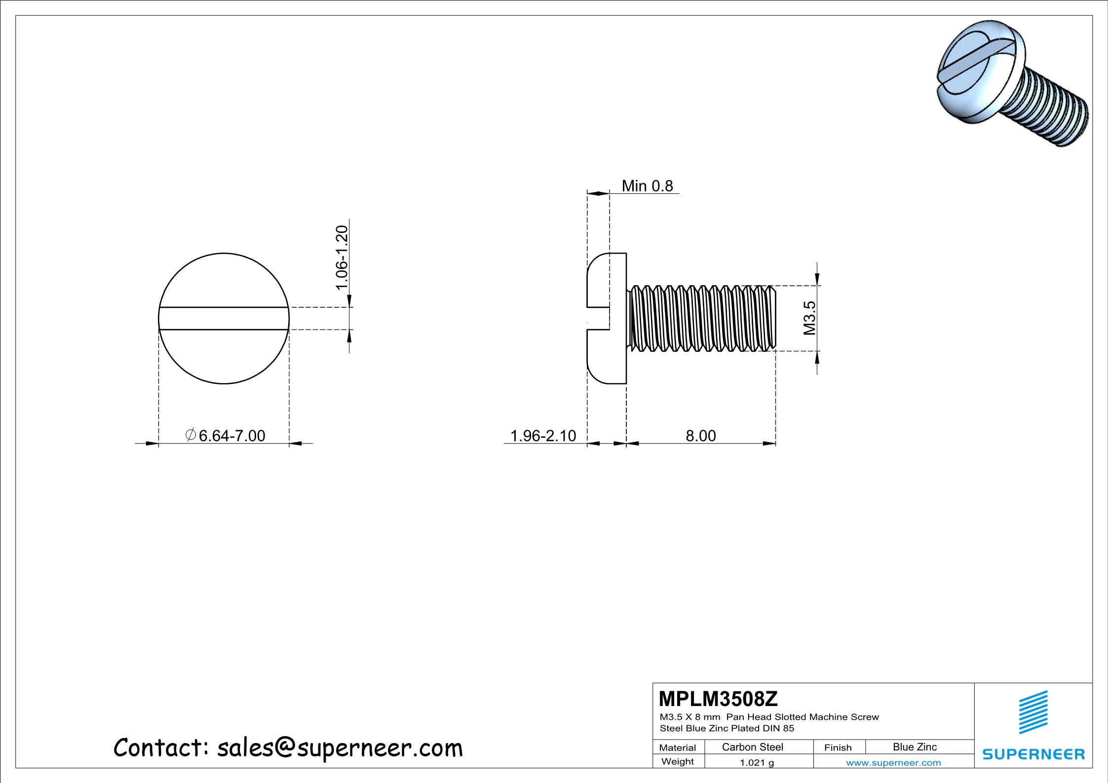 M3.5 x 8 mm Pan Head Slotted Machine Screw Steel Blue Zinc Plated DIN 85