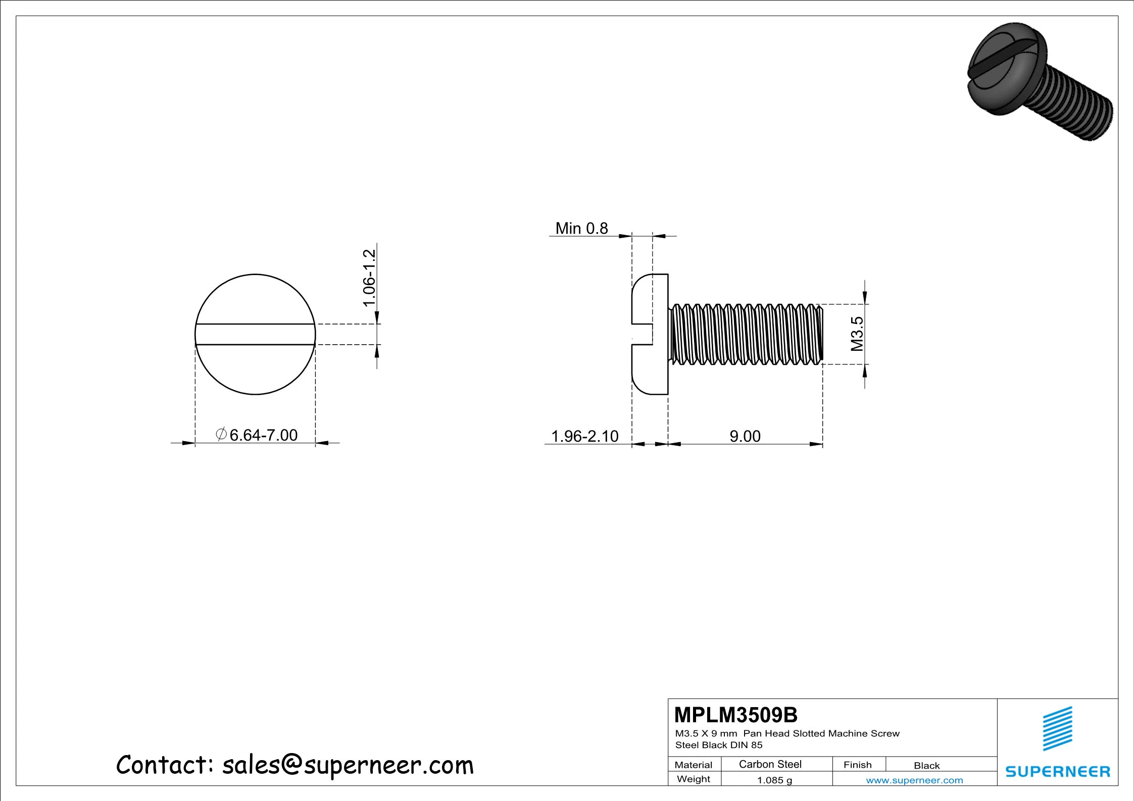 M3.5 x 9 mm Pan Head Slotted Machine Screw Steel Black DIN 85