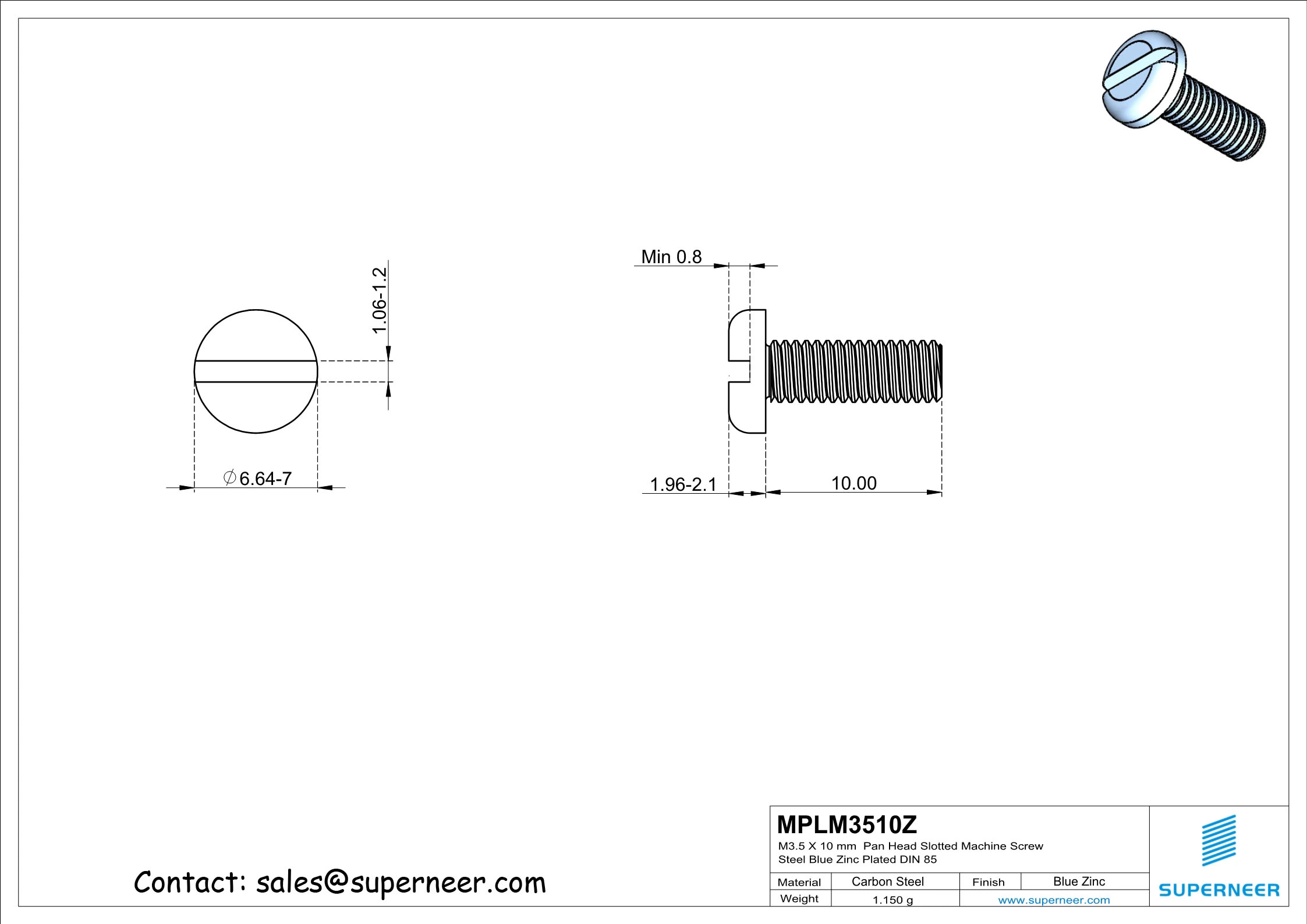 M3.5 x 10 mm Pan Head Slotted Machine Screw Steel Blue Zinc Plated DIN 85