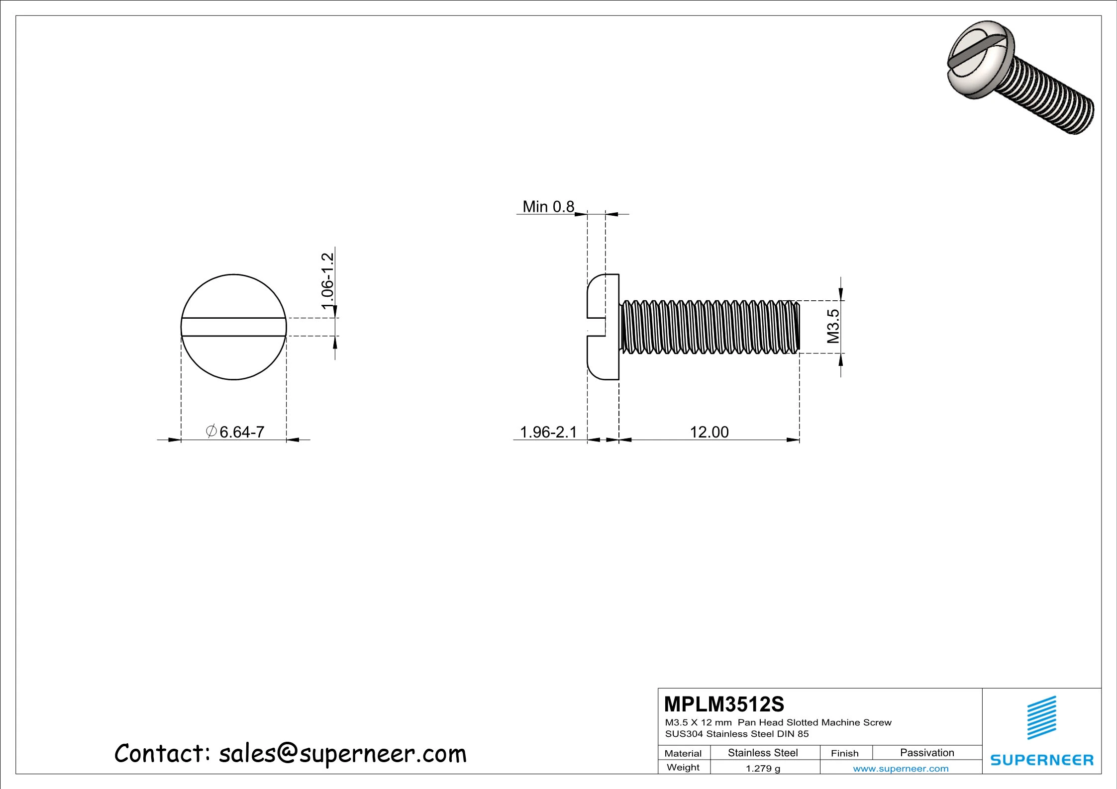 M3.5 x 12 mm  Pan Head Slotted Machine Screw SUS304 Stainless Steel Inox DIN 85