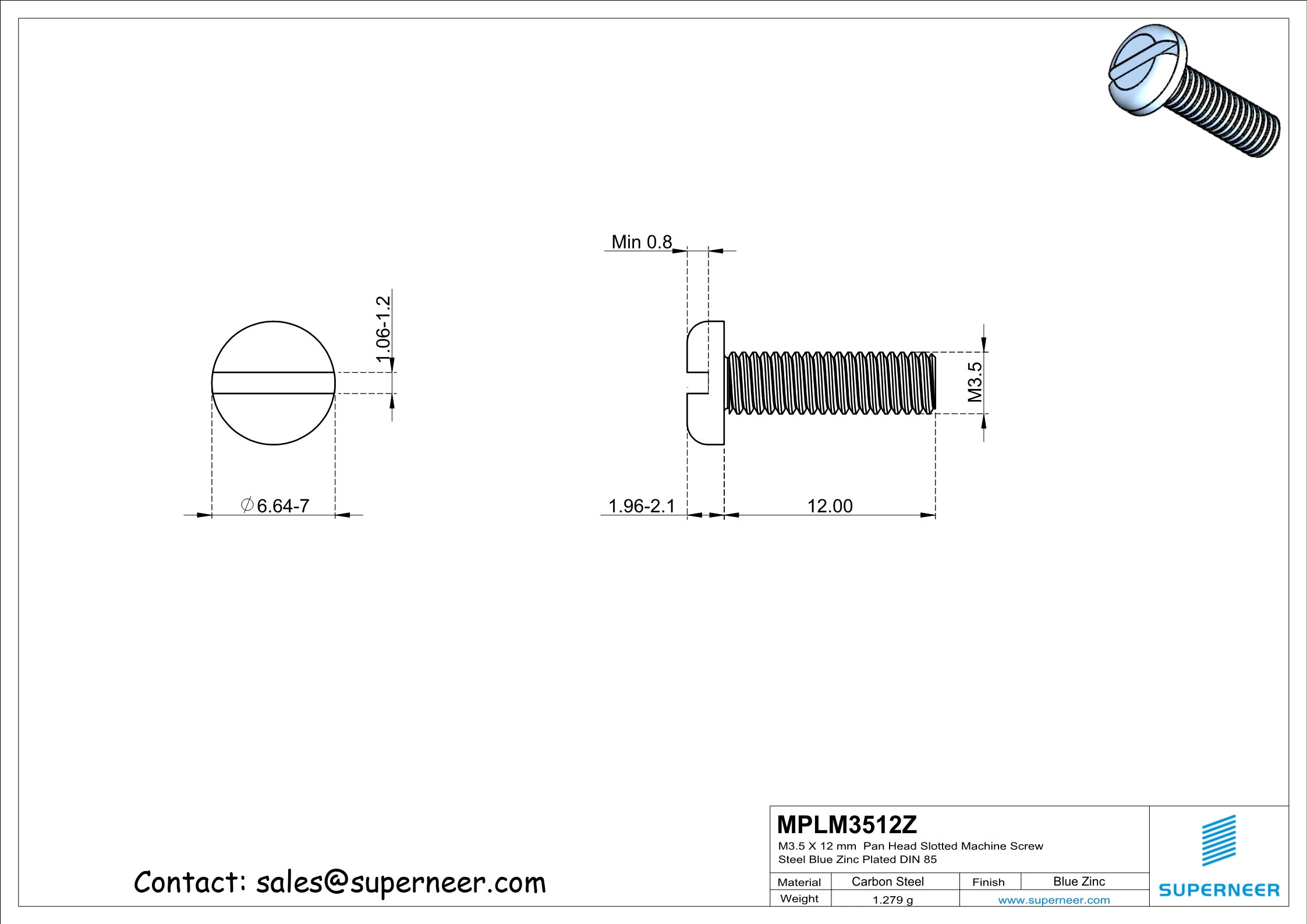 M3.5 x 12 mm Pan Head Slotted Machine Screw Steel Blue Zinc Plated DIN 85