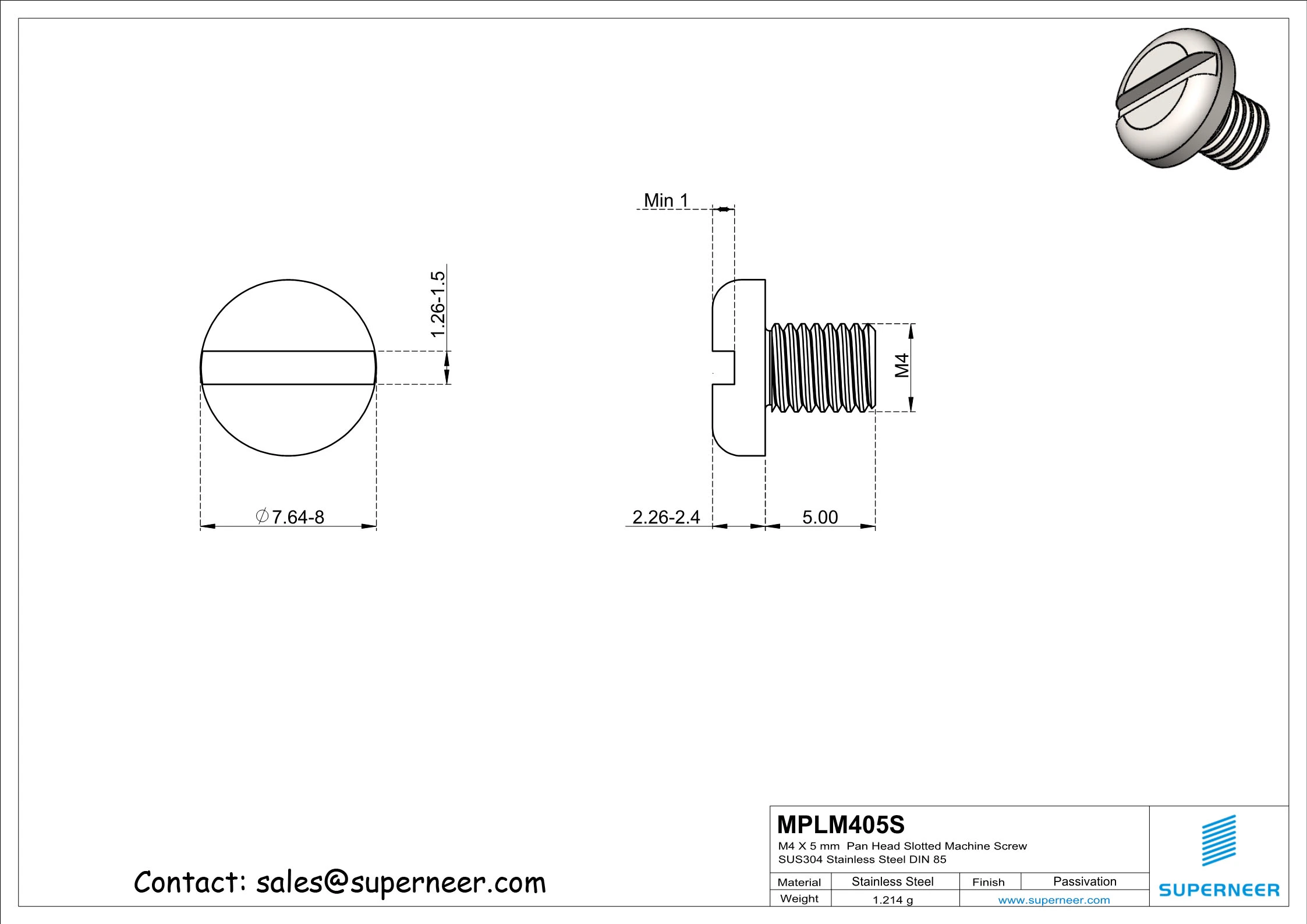 M4 x 5 mm  Pan Head Slotted Machine Screw SUS304 Stainless Steel Inox DIN 85