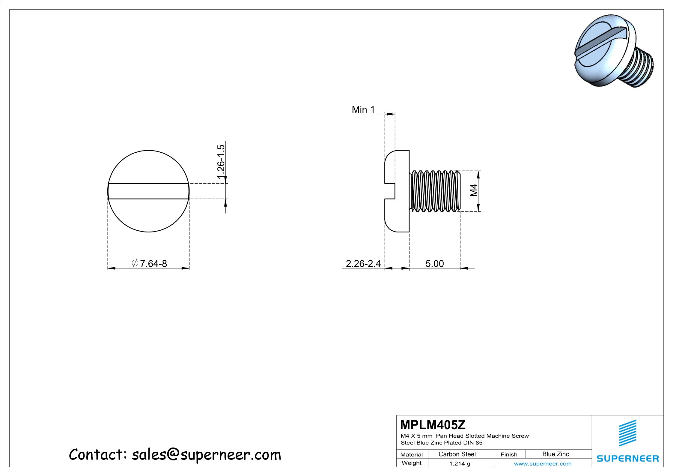 M4 x 5 mm Pan Head Slotted Machine Screw Steel Blue Zinc Plated DIN 85