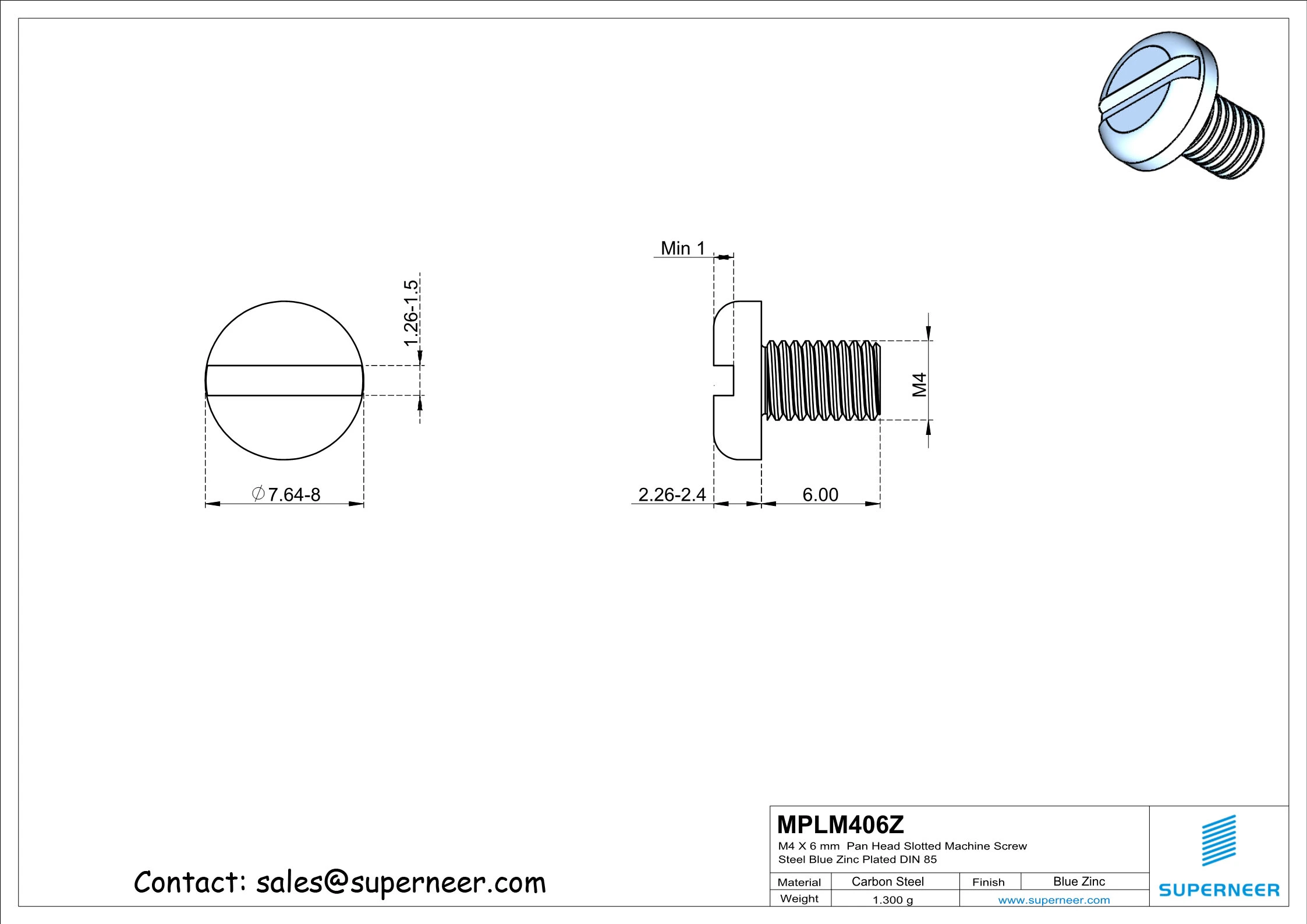 M4 x 6 mm Pan Head Slotted Machine Screw Steel Blue Zinc Plated DIN 85