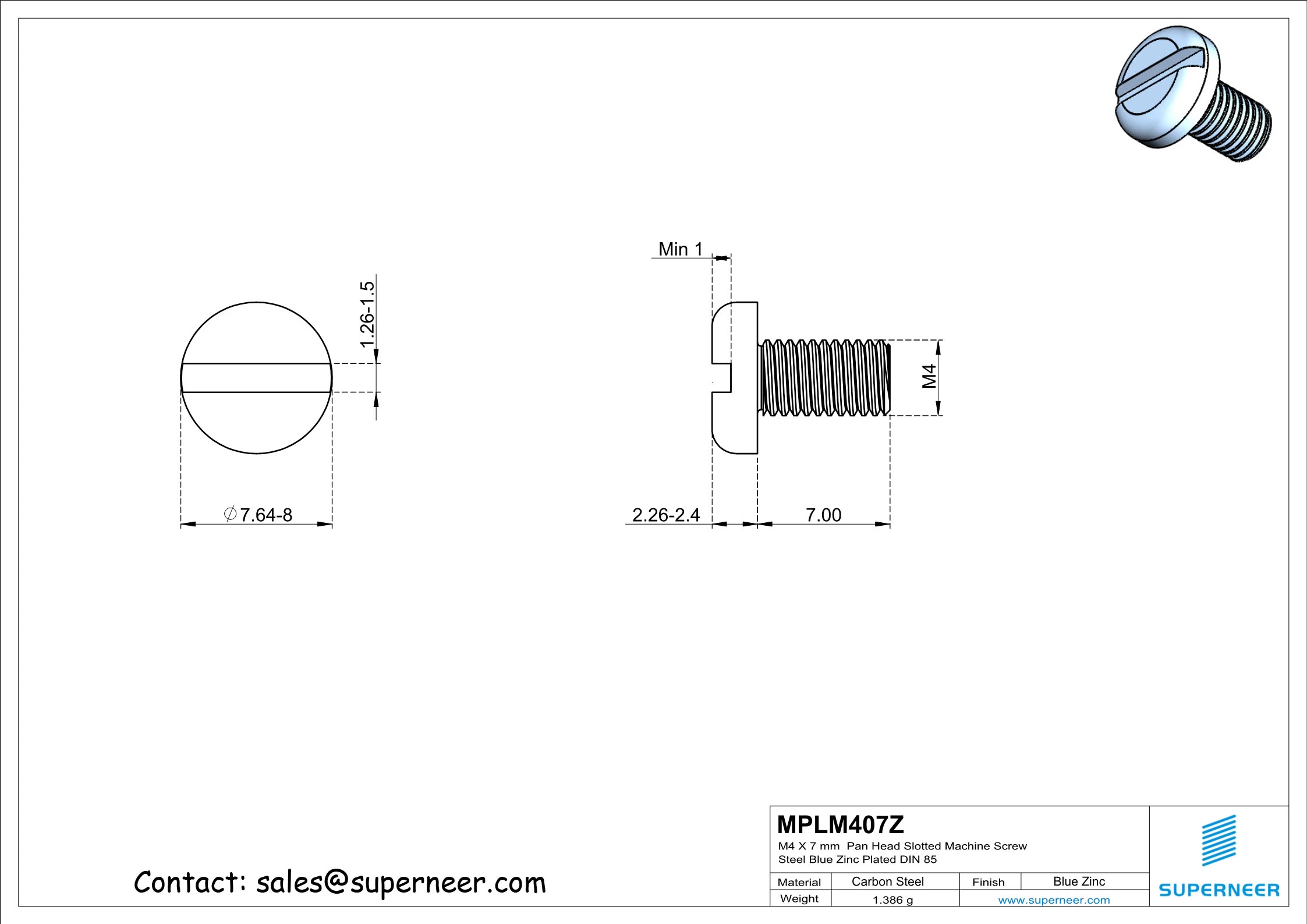 M4 x 7 mm Pan Head Slotted Machine Screw Steel Blue Zinc Plated DIN 85