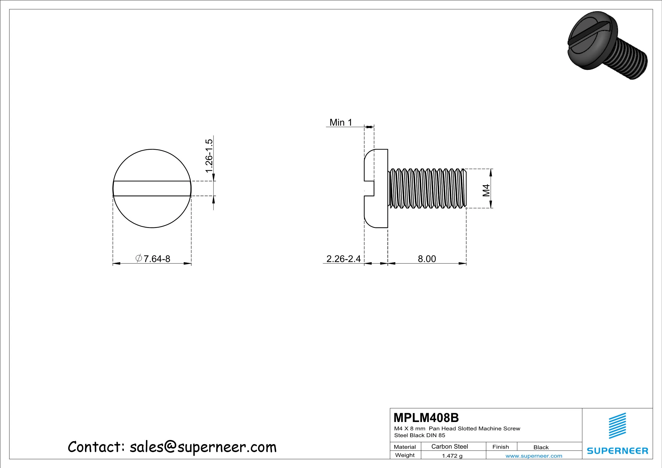 M4 x 8 mm Pan Head Slotted Machine Screw Steel Black DIN 85