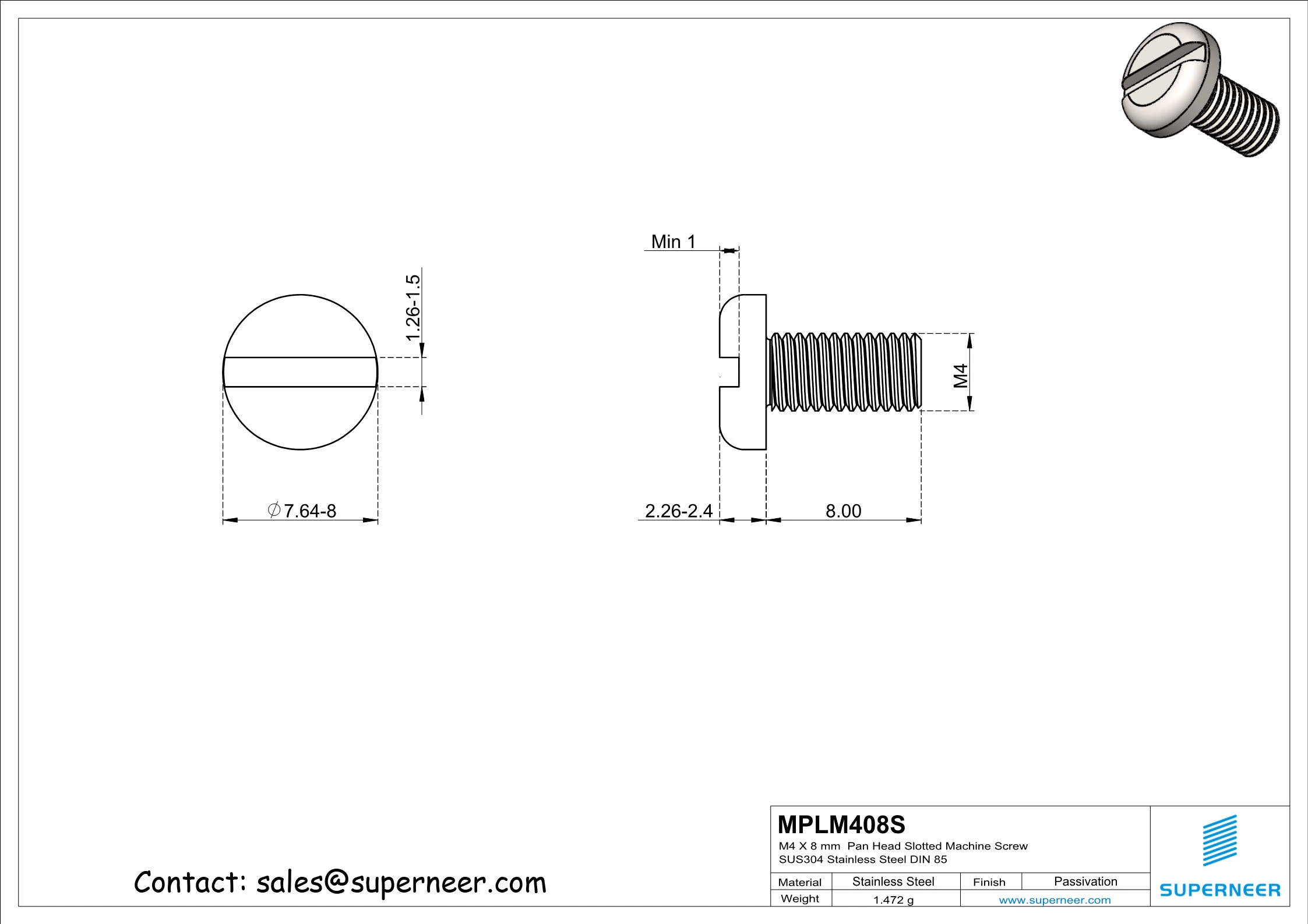 M4 x 8 mm  Pan Head Slotted Machine Screw SUS304 Stainless Steel Inox DIN 85