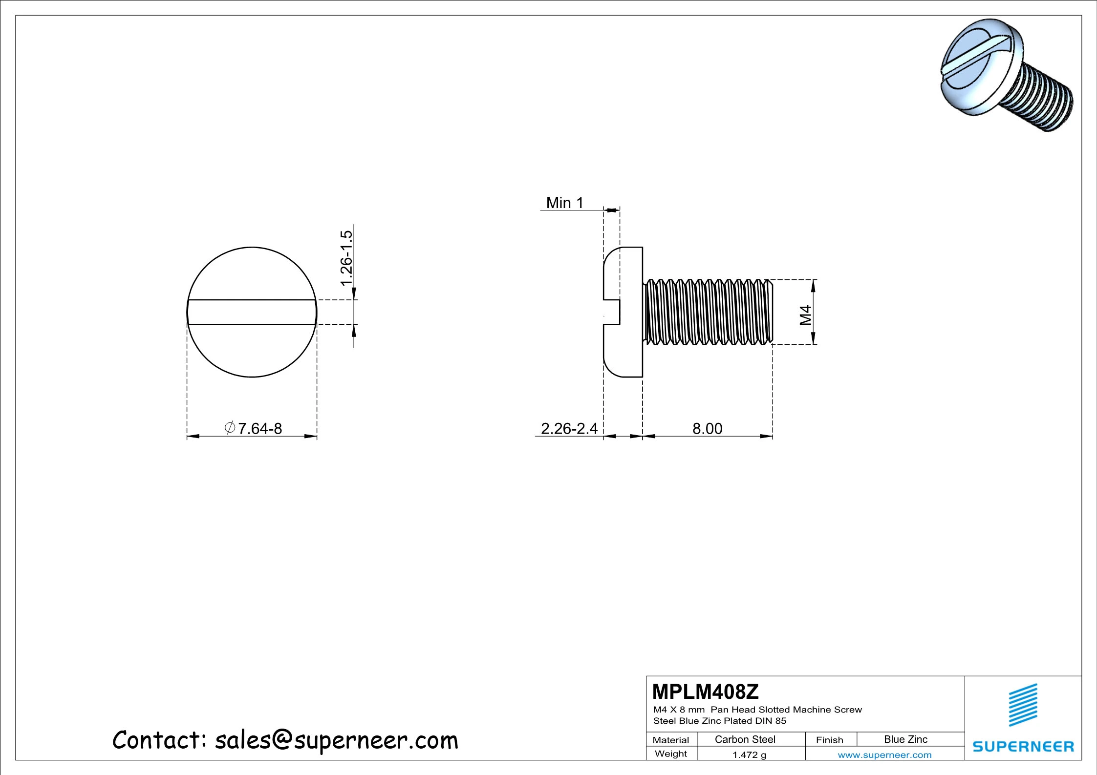 M4 x 8 mm Pan Head Slotted Machine Screw Steel Blue Zinc Plated DIN 85